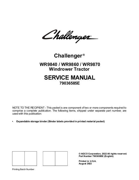 AGCO WR9840 WR9860 WR9870 Windrower Tractor (packet) Service Manual 79036585E English