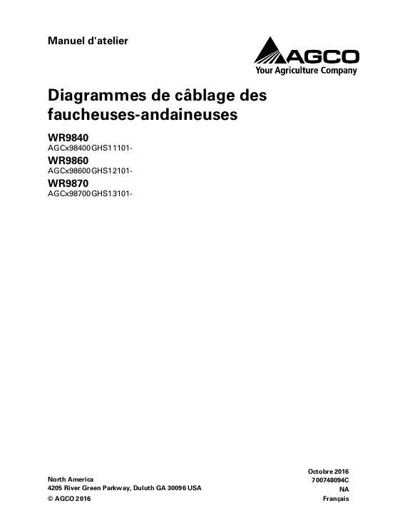AGCO WR9840 WR9860 WR9870 Wiring Diagrams (eff sn GHS1x101) Operator Manual 700748094C French