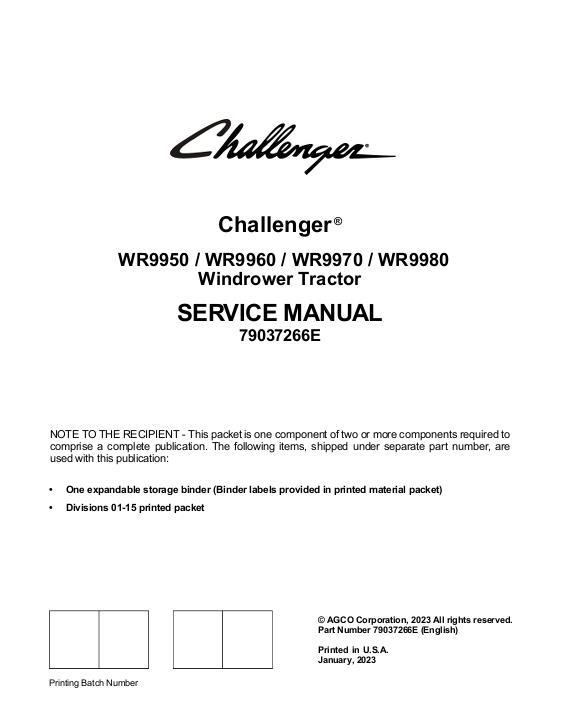 AGCO WR9950 WR9960 WR9970 WR9980 Windrower (packet) Service Manual 79037266E English