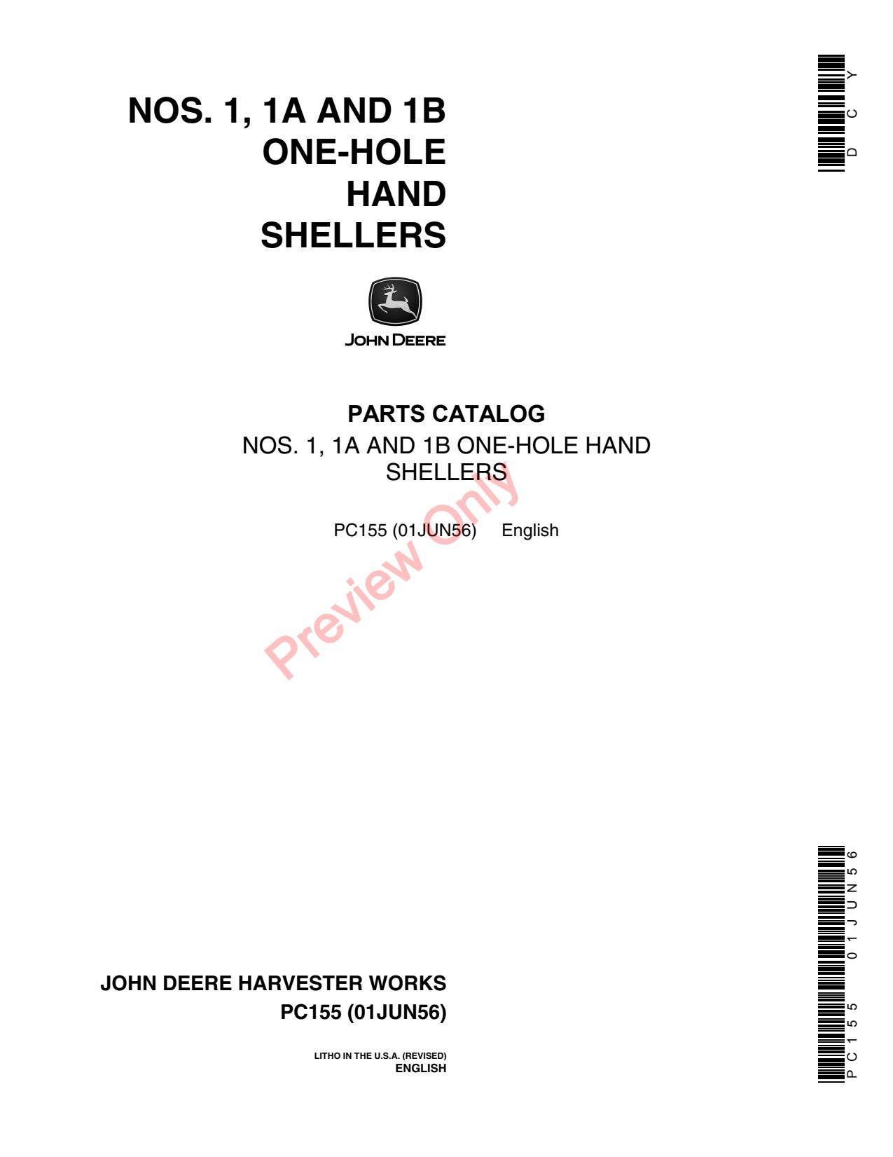 John Deere 1 1A 1B One-Hole Hand Shellers Parts Catalog PC155