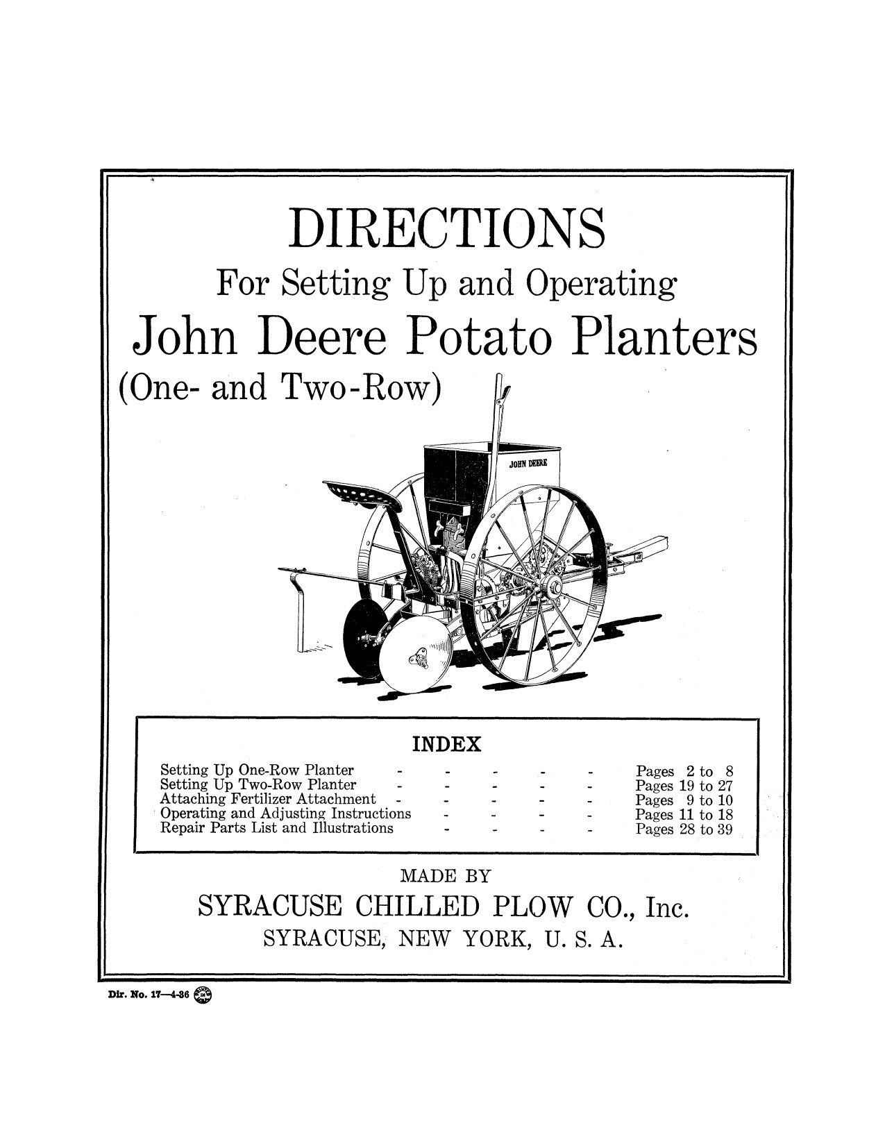 John Deere 1 2 ROW Two-row Potato Planter Operator Manual DIR17C