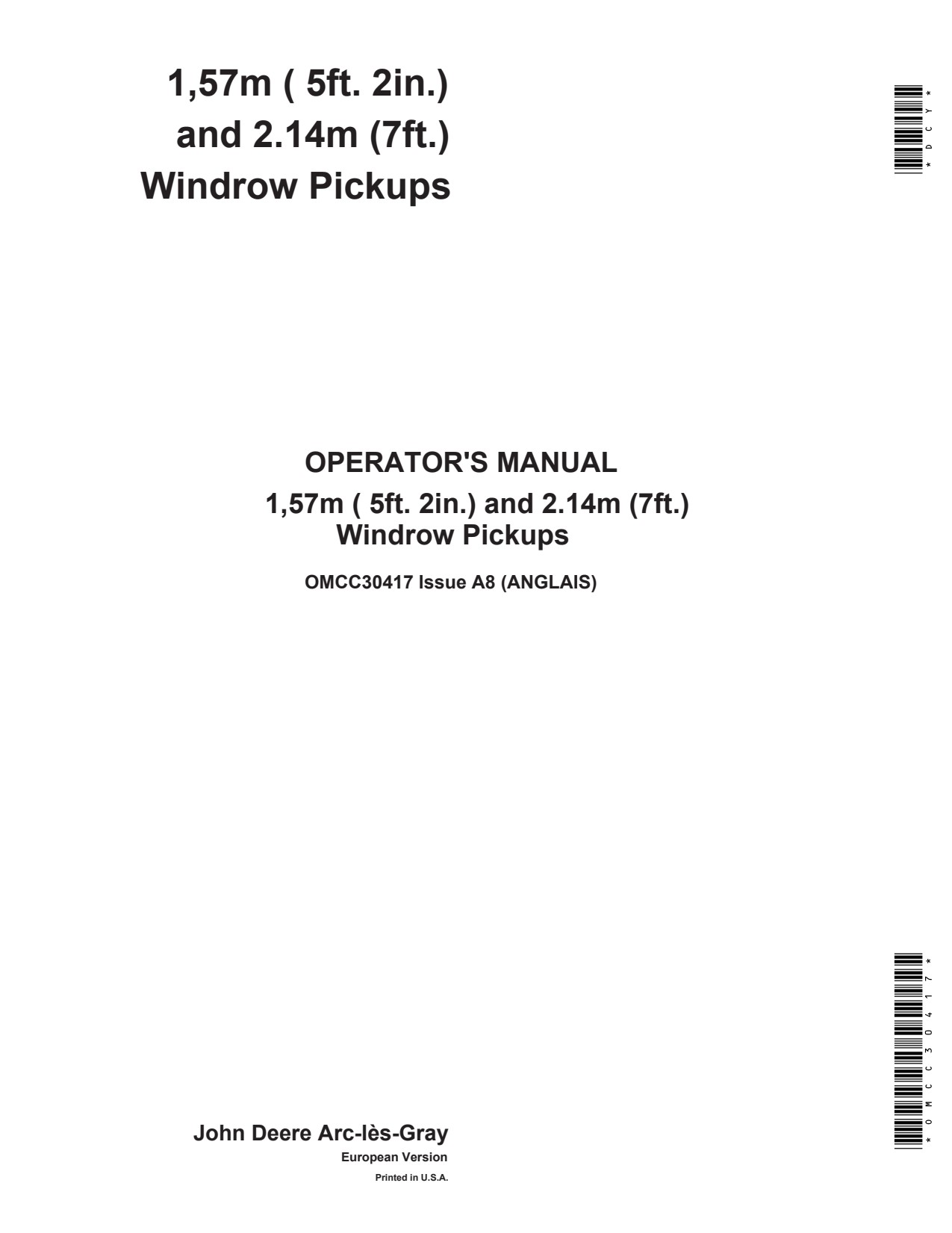 John Deere 1 57 57M Windrow Pickup Operator Manual OMCC30417