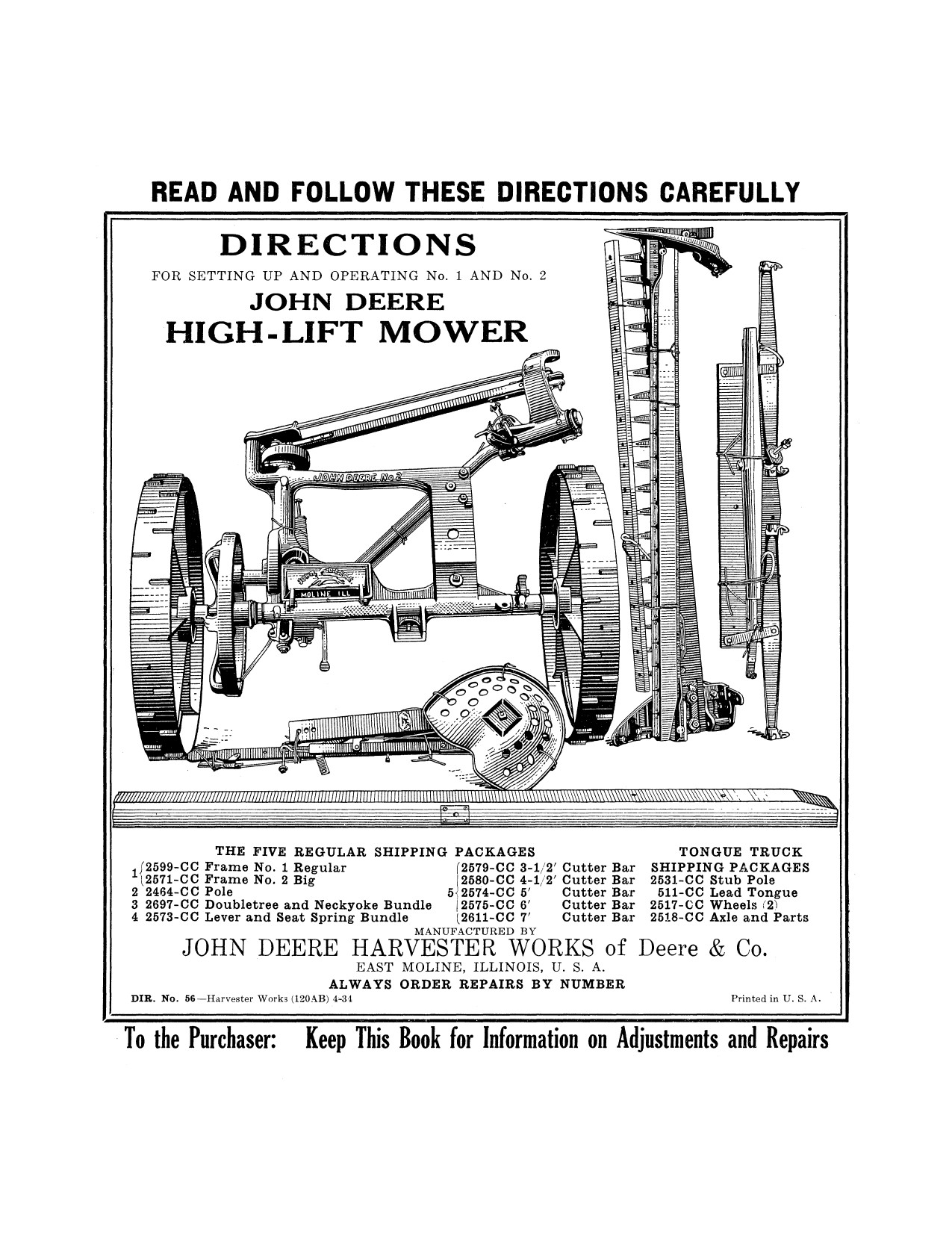 John Deere 1 High Lift Mower Operator Manual DIR56A