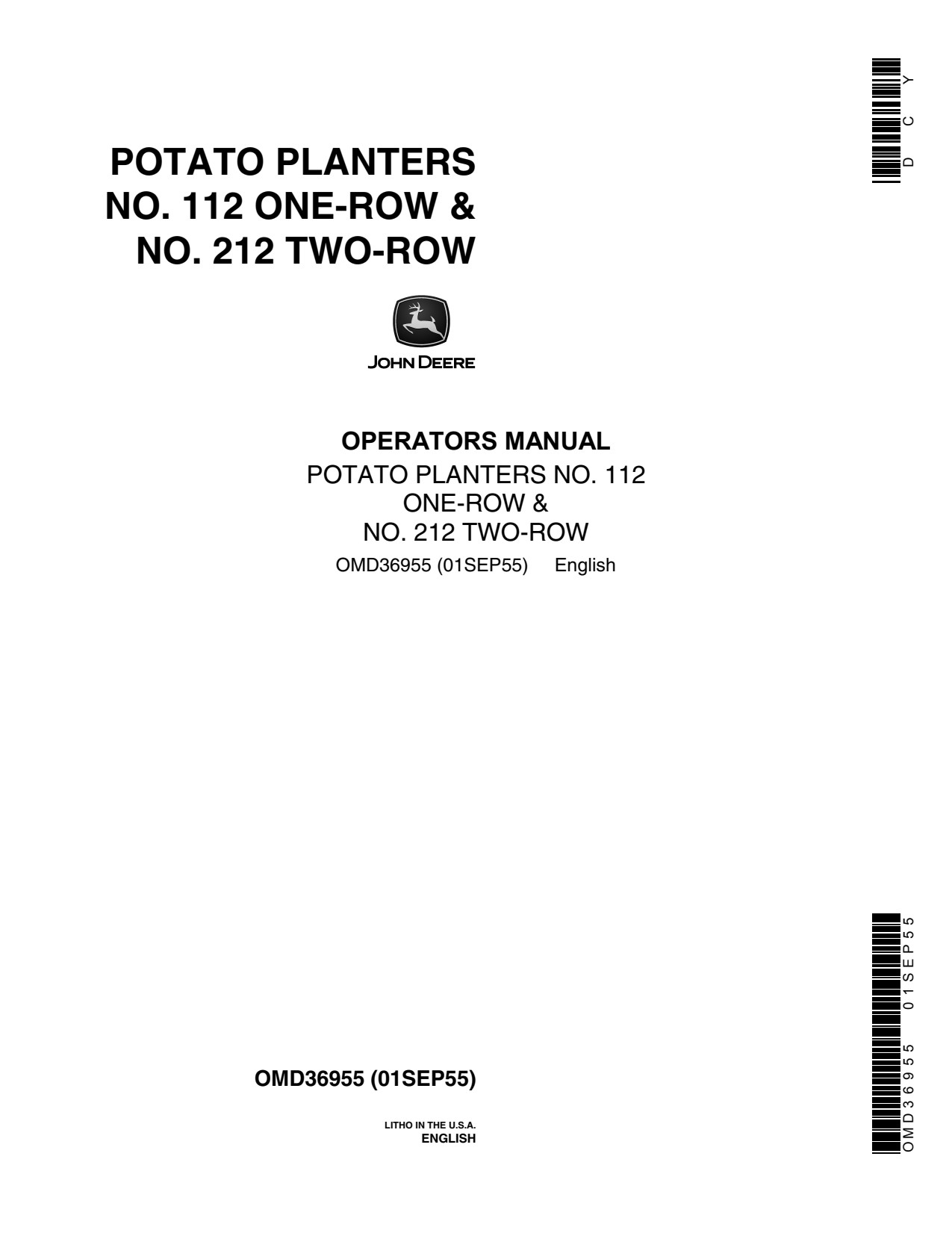 John Deere 1 ROW 2 Potato Planter Operator Manual OMD36955