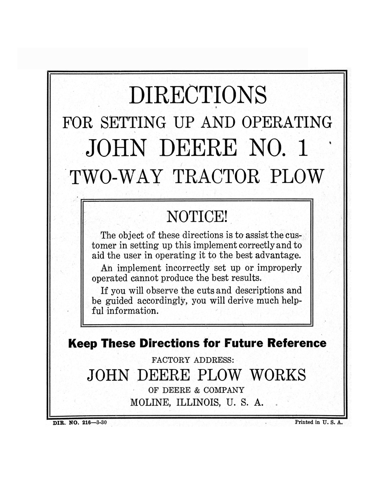 John Deere 1 Two-way Tractor Plow Operator Manual DIR216