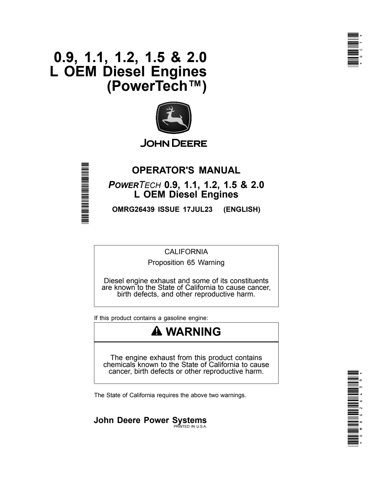 John Deere 1.5L 2.0L 1.1L 1.2L 0.9L 3009 3011 3012 3015 4020 OEM Diesel Engine Operator Manual OMRG26439 1 John Deere 1.5L 2.0L 1.1L 1.2L 0.9L 3009 3011 3012 3015 4020 OEM Diesel Engine Operator Manual OMRG26439