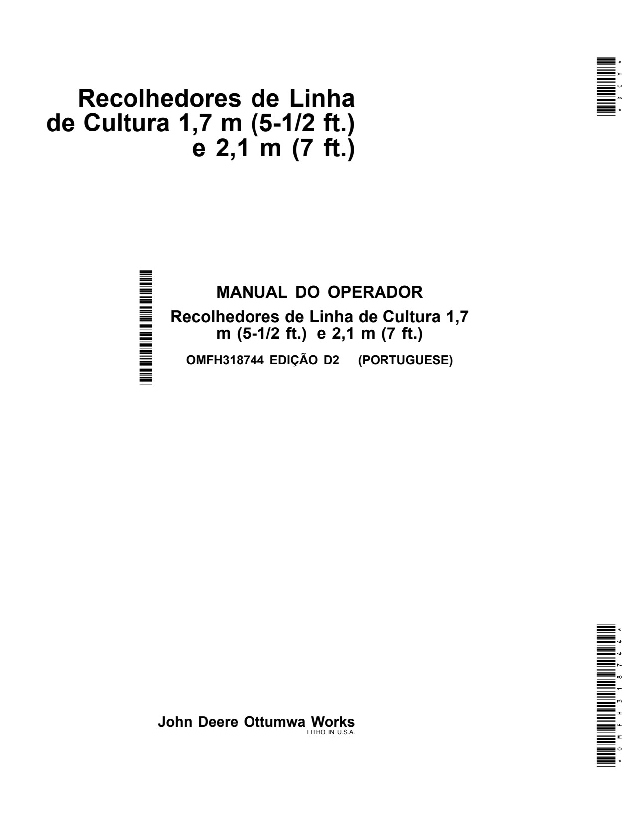 John Deere 1.7 m 5-1 2 ft. 2.1 m 7 ft. Windrow Pickups Forage Harvester Operator's Manual OMFH318744 PT