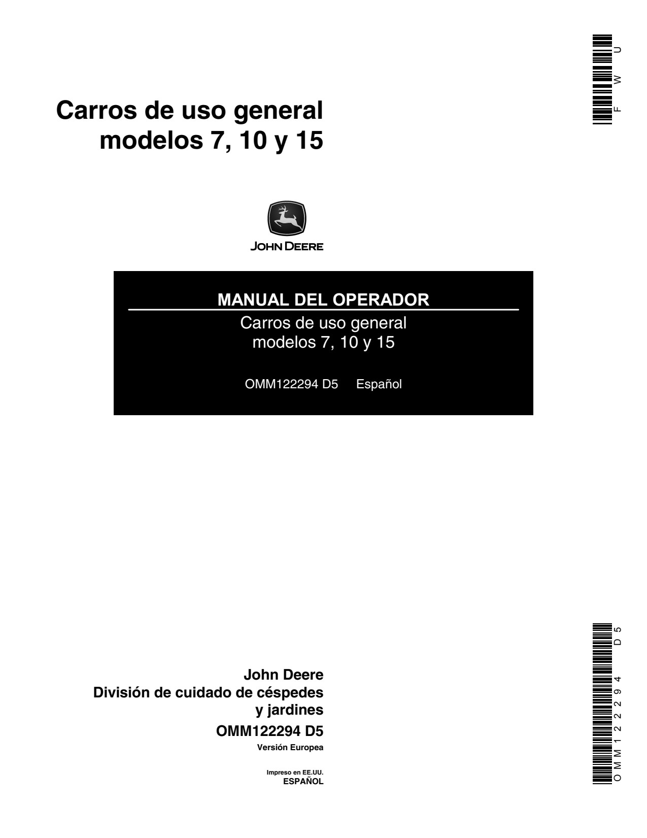 John Deere 10 15 7 Utility Cart Operator Manual OMM122294 ES