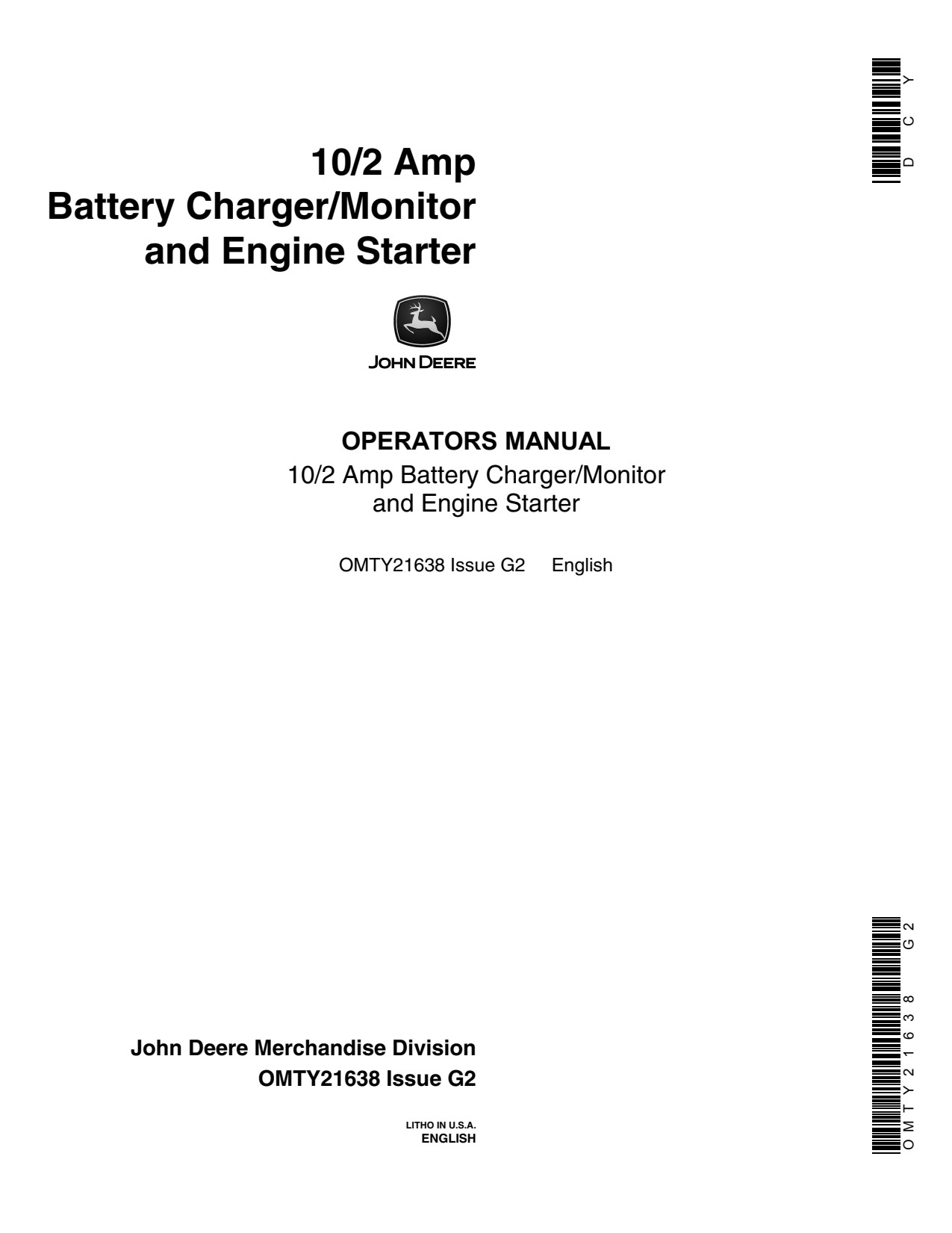 John Deere 10 2 AMP Battery Charger Operator Manual OMTY21638
