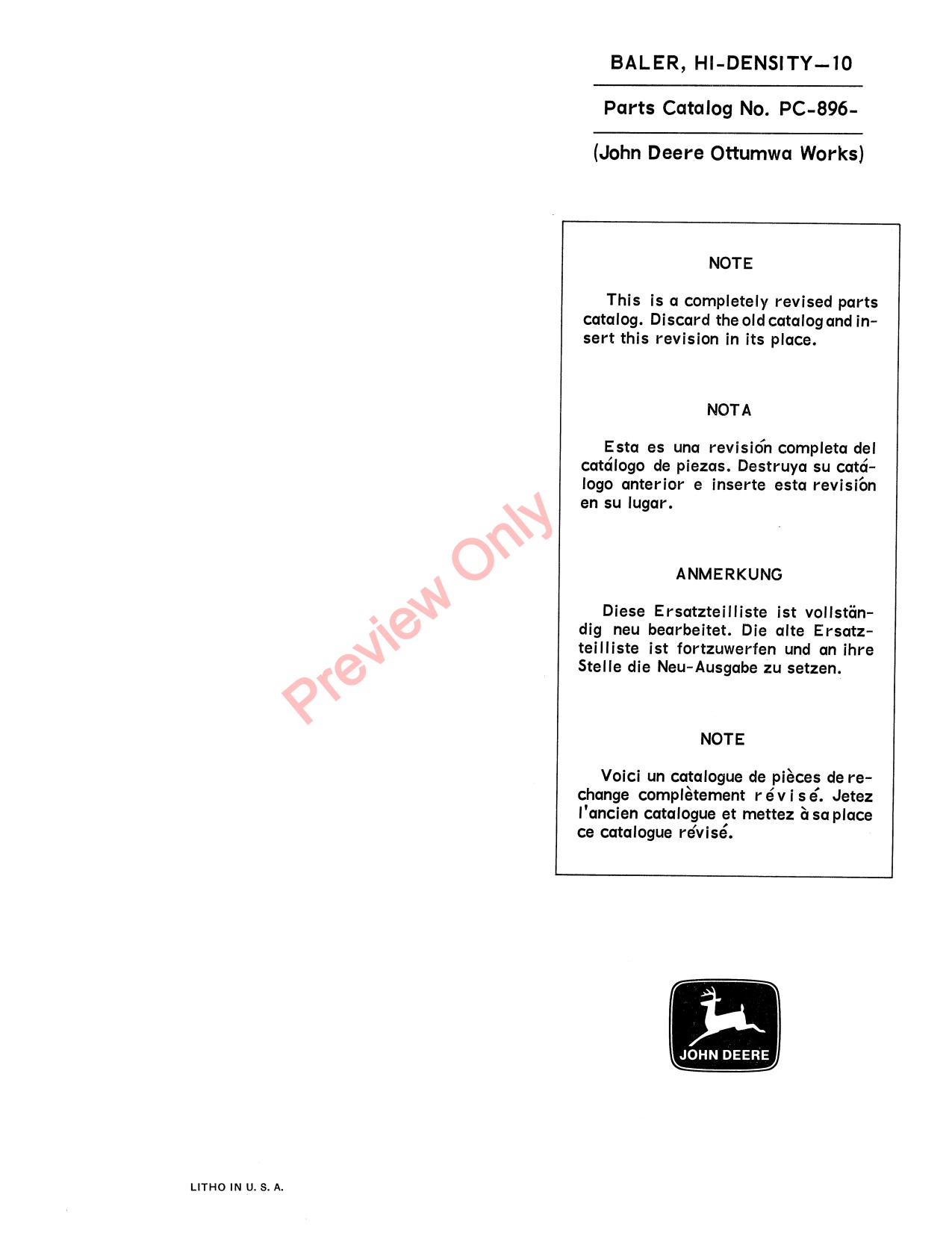John Deere 10 Hi-density Baler Parts Catalog PC896