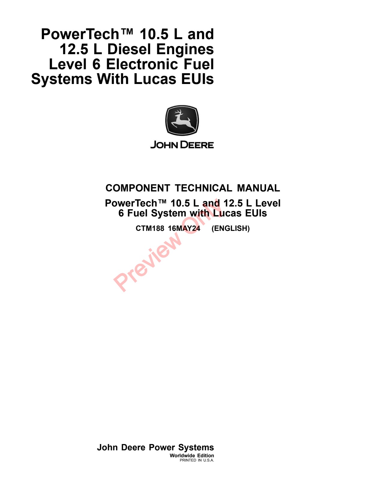 John Deere 10.5L 6105 12.5L 6125 Engines Base Engine Component Technical Manual CTM188