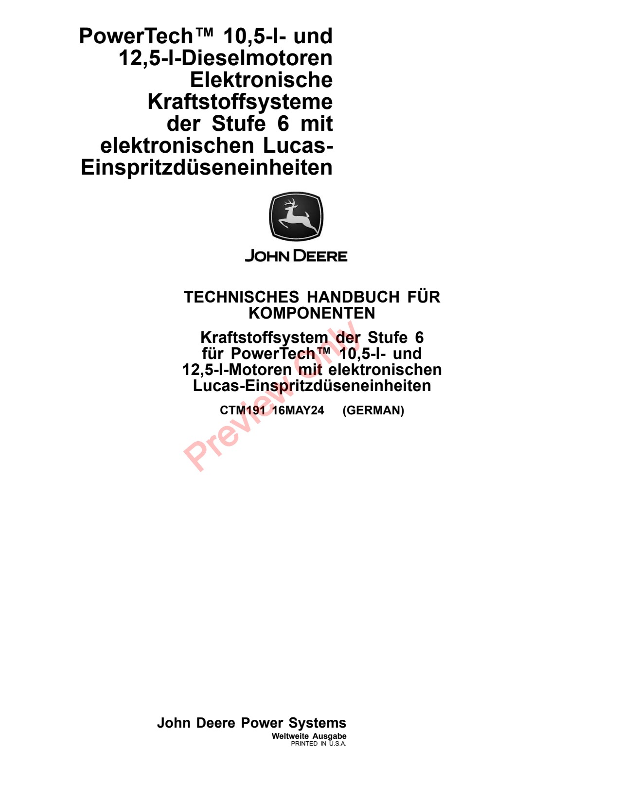 John Deere 10.5L 6105 12.5L 6125 Engines Base Engine Component Technical Manual CTM191 DE