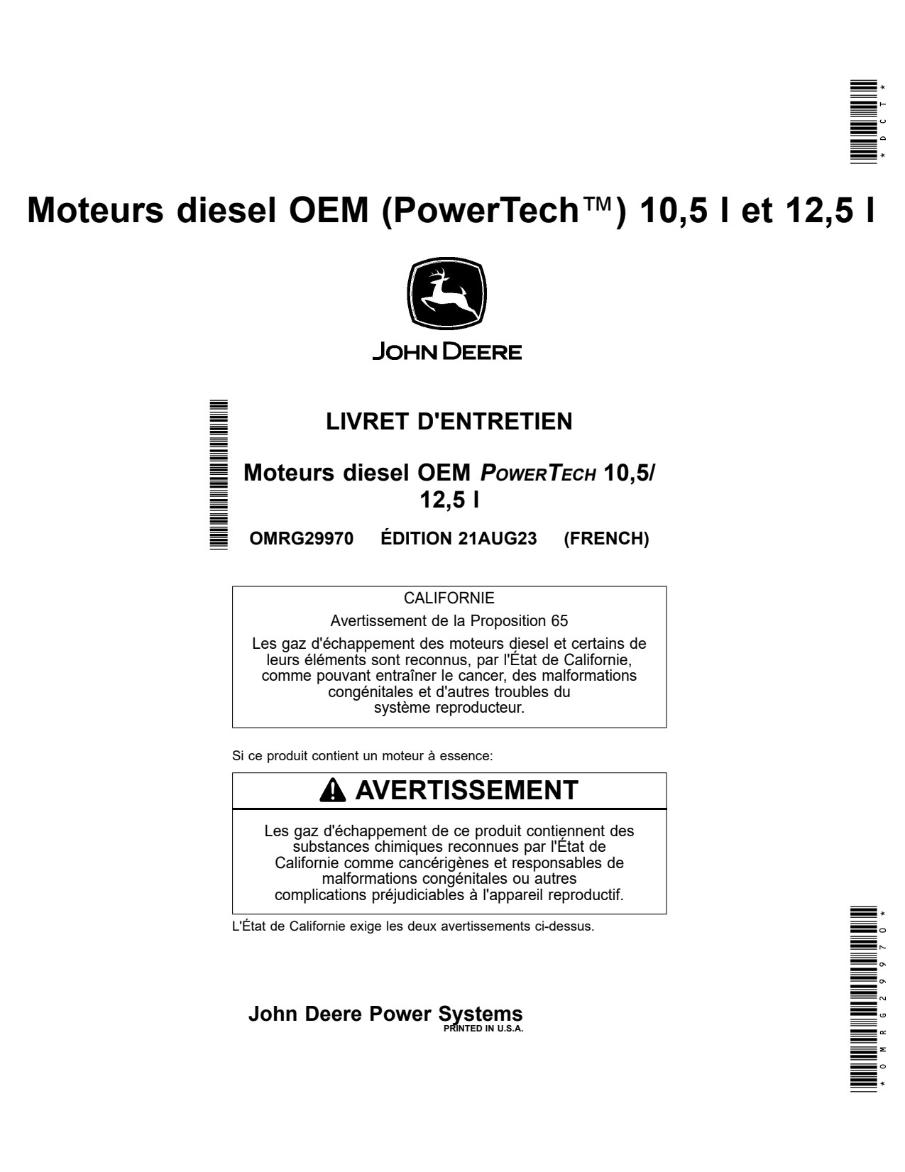 John Deere 10.5L 6105 12.5L 6125 OEM Diesel Engine Operator Manual OMRG29970 FR 1 John Deere 10.5L 6105 12.5L 6125 OEM Diesel Engine Operator Manual OMRG29970 FR