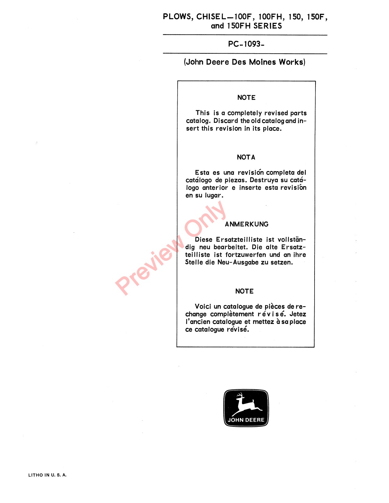 John Deere 100 FH 150 100F 100FH 150F 150FH Chisel Plow Parts Catalog PC1093 1 John Deere 100 FH 150 100F 100FH 150F 150FH Chisel Plow Parts Catalog PC1093