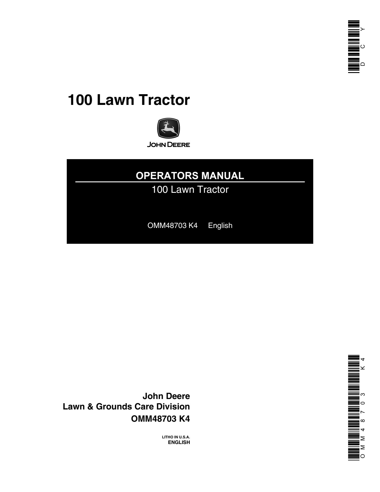 John Deere 100 Lawn Tractor Operator Manual OMM48703