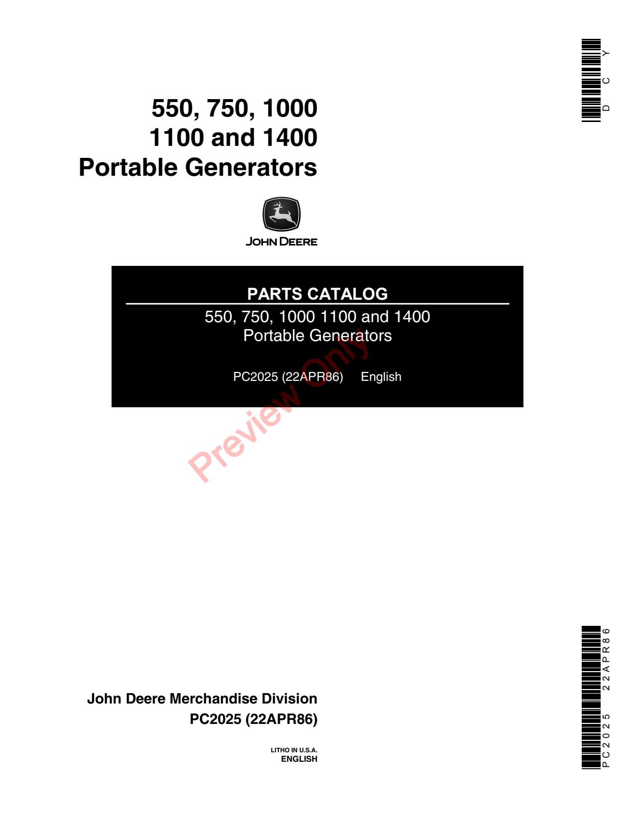 John Deere 1000 1100 1400 550 750 Portable Generator Parts Catalog PC2025 1 John Deere 1000 1100 1400 550 750 Portable Generator Parts Catalog PC2025