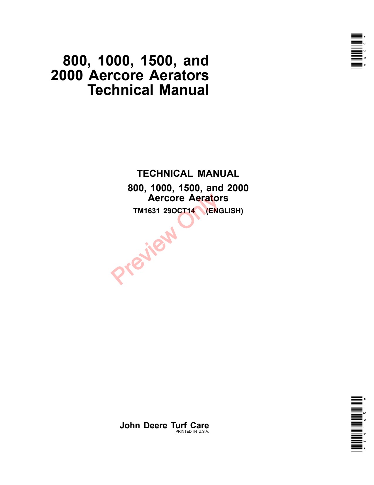 John Deere 1000 1500 800 2000 Aercore Aerator Technical Manual TM1631