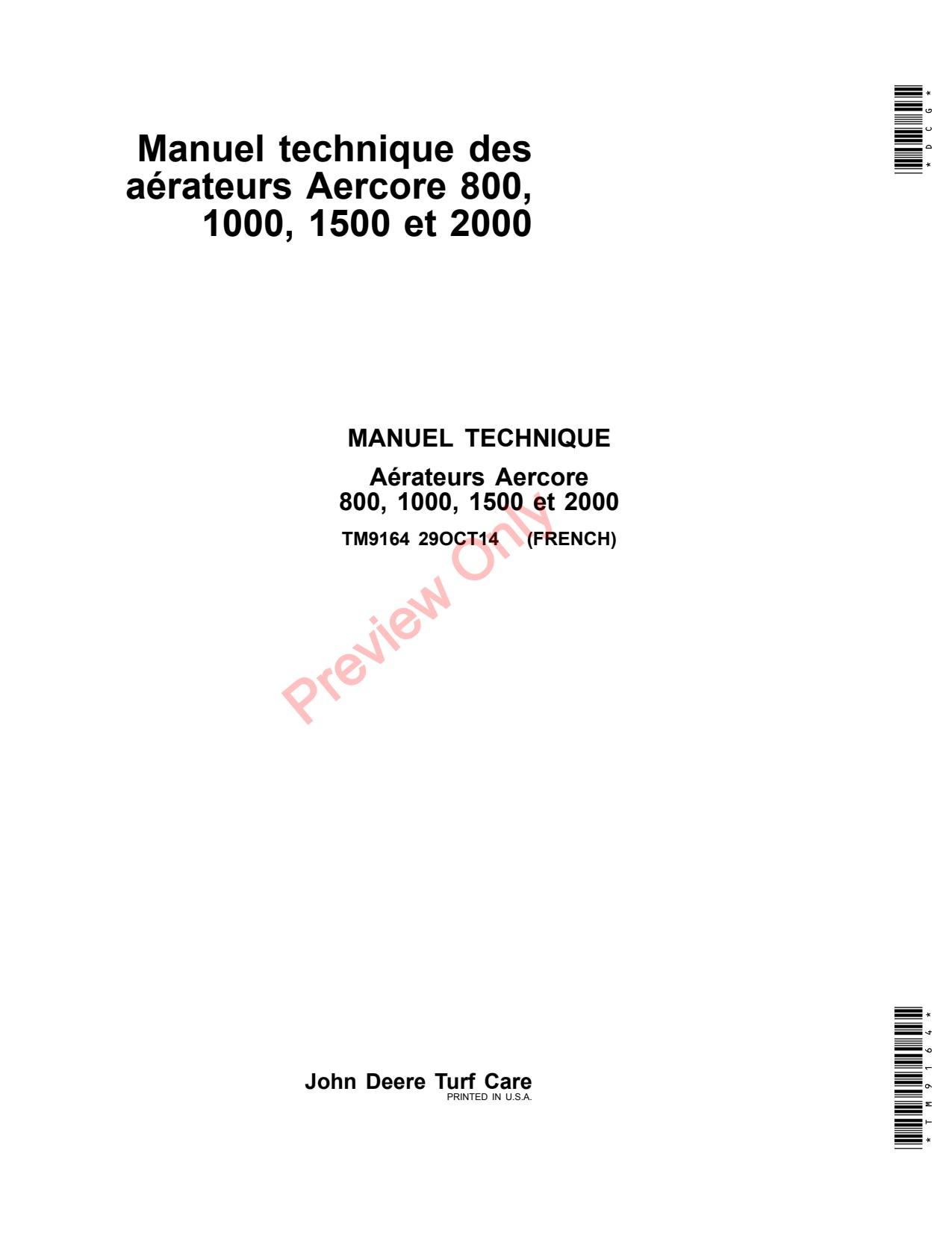 John Deere 1000 1500 800 2000 Aercore Aerator Technical Manual TM9164 FR