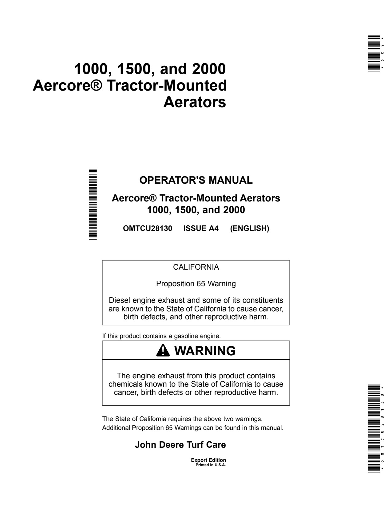 John Deere 1000 to 2000 Aercore Tractor-mounted Aerator Operator Manual OMTCU28130 1 John Deere 1000 to 2000 Aercore Tractor-mounted Aerator Operator Manual OMTCU28130