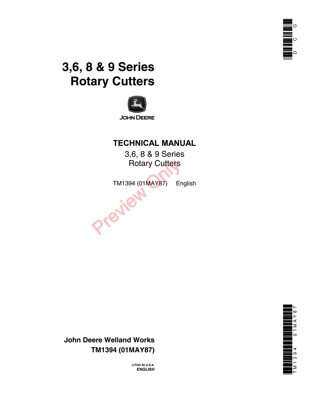 John Deere 1008 1408 1418 1508 403 503 to 509 603 609 709 Rotary Cutter Technical Manual TM1394