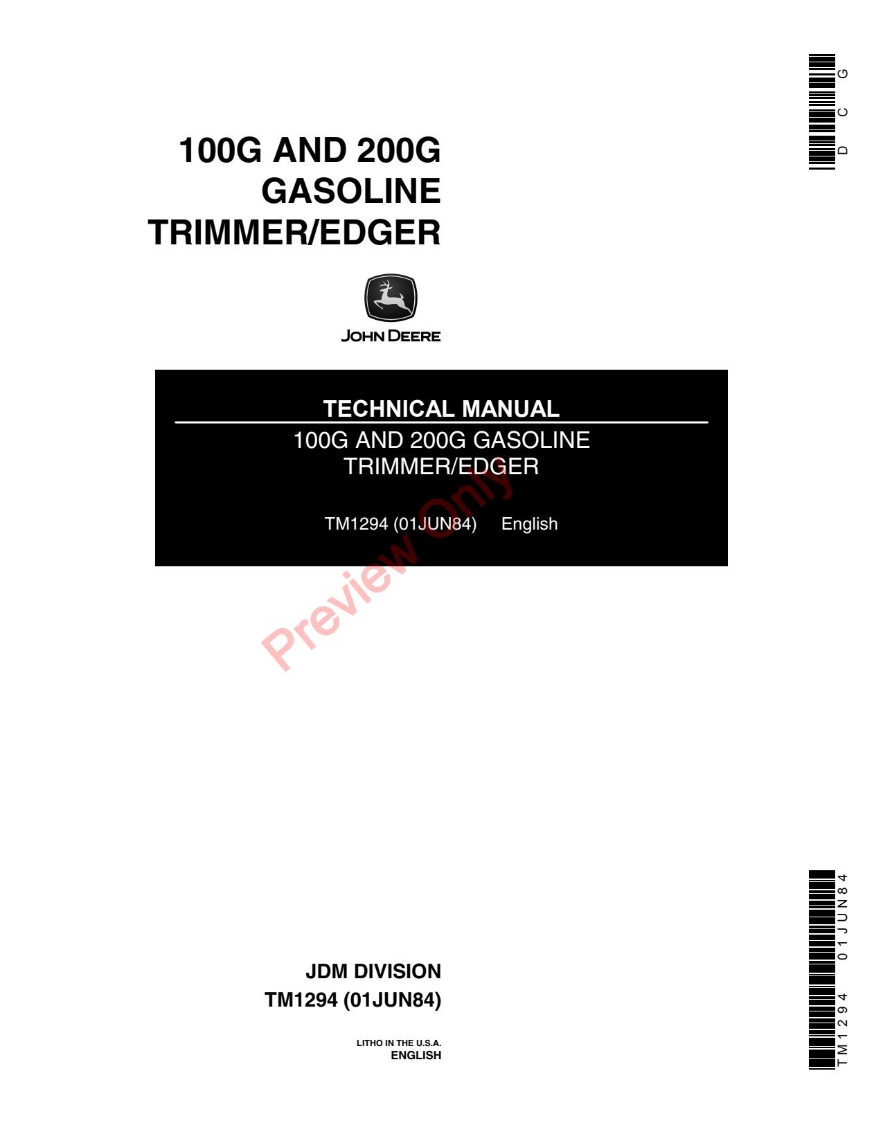 John Deere 100G 200G Gasoline Trimmer Technical Manual TM1294