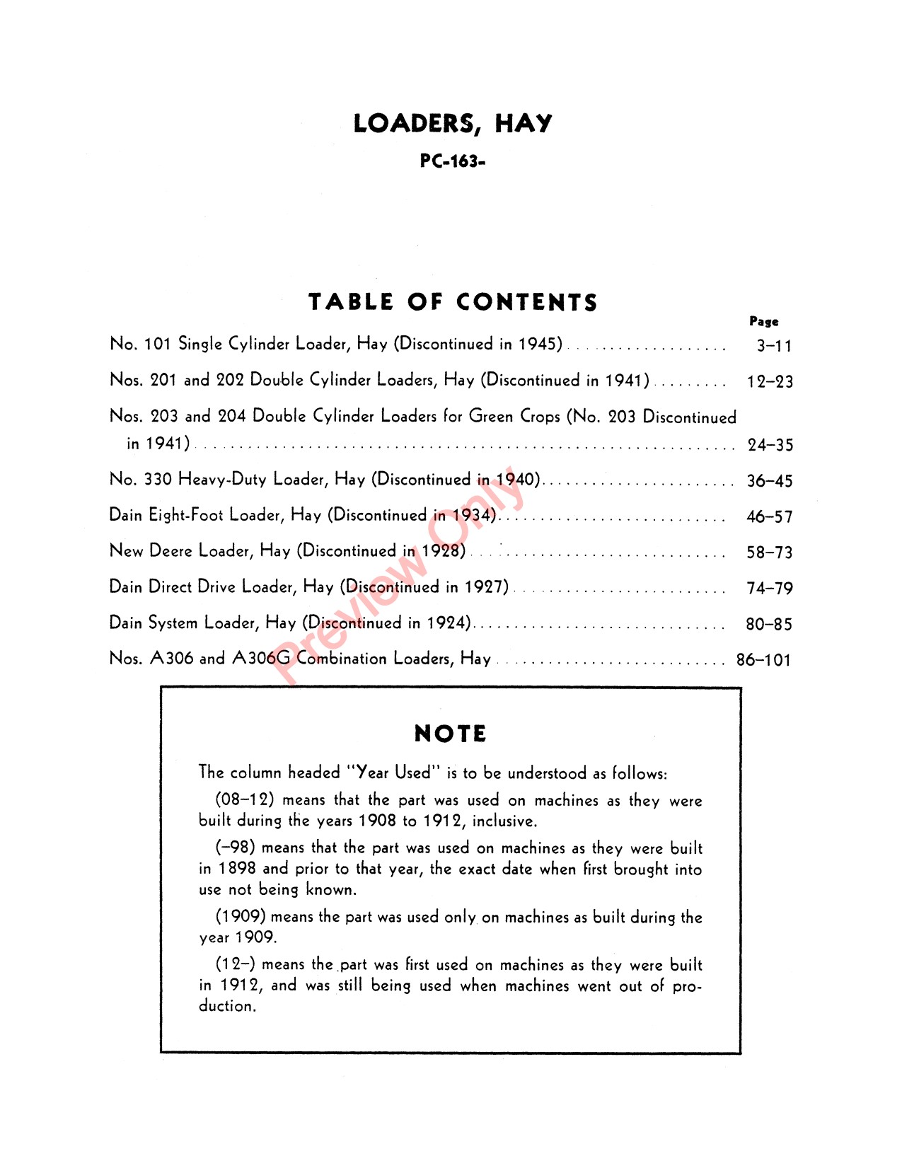 John Deere 101 201 to 204 330 A306 A306G Dain New Hay Loader Parts Catalog PC163 1 John Deere 101 201 to 204 330 A306 A306G Dain New Hay Loader Parts Catalog PC163