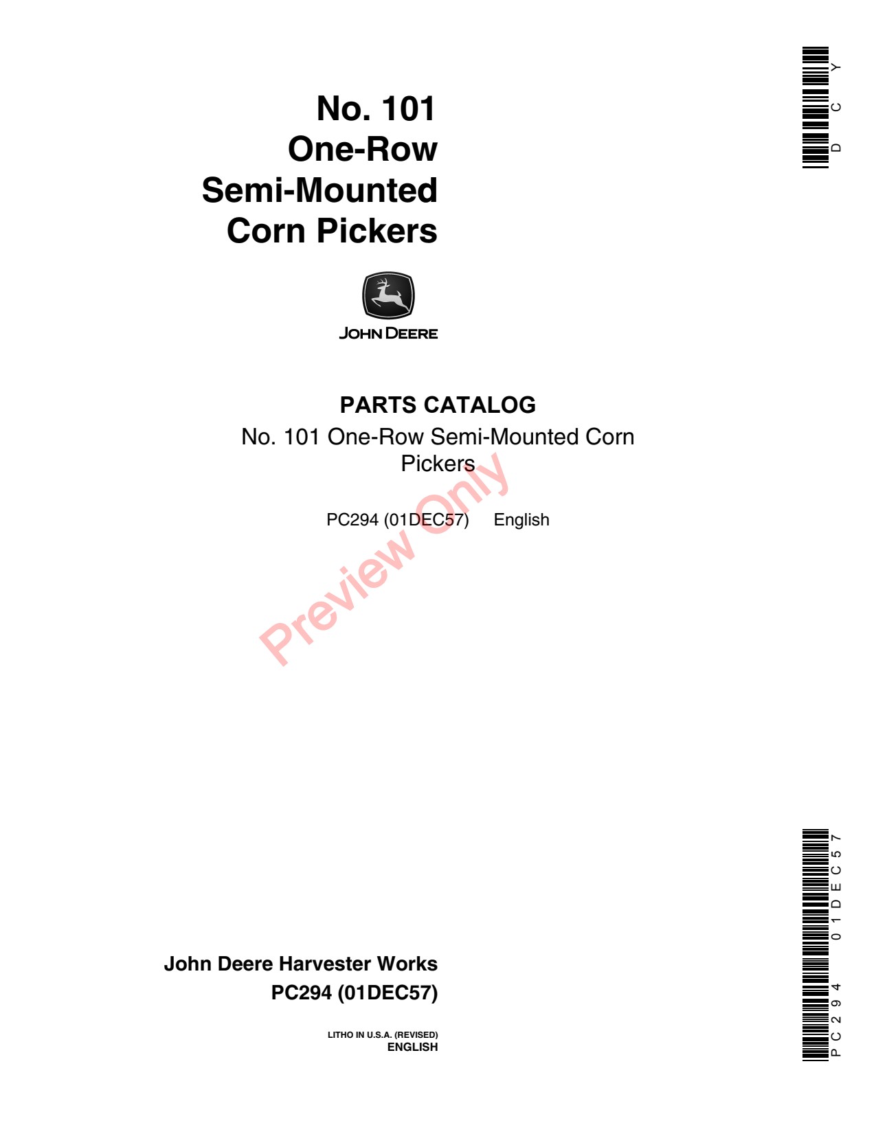 John Deere 101 One-row Semi-mounted Corn Picker Parts Catalog PC294