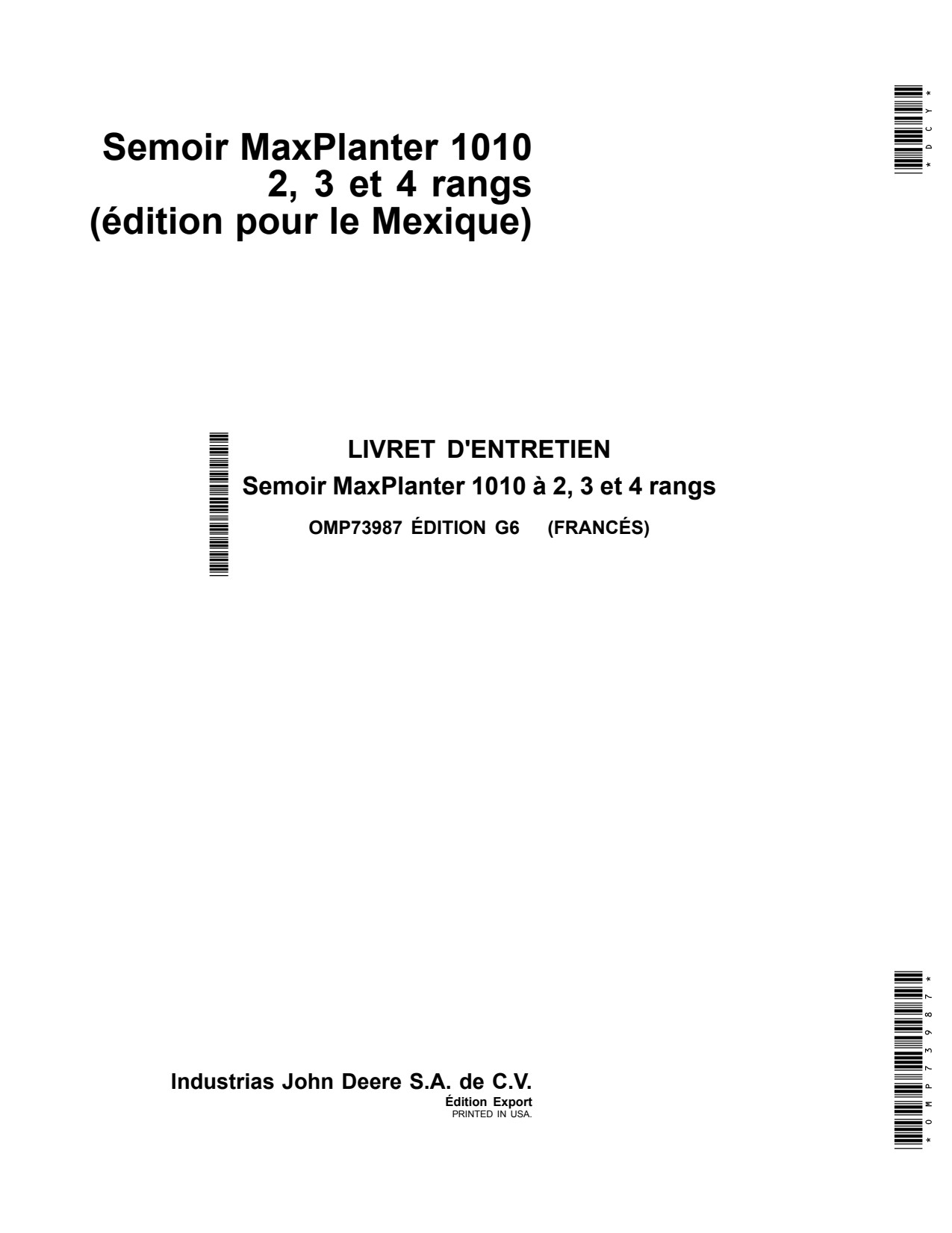 John Deere 1010 Planter Operator Manual OMP73987 FR 1 John Deere 1010 Planter Operator Manual OMP73987 FR
