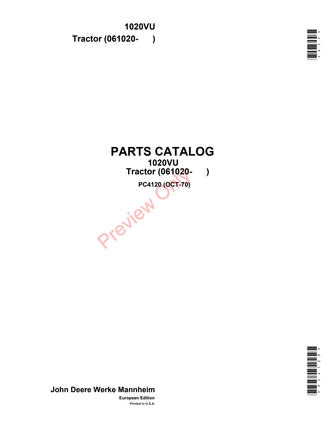 John Deere 1020VU Tractor Parts Catalog PC4120