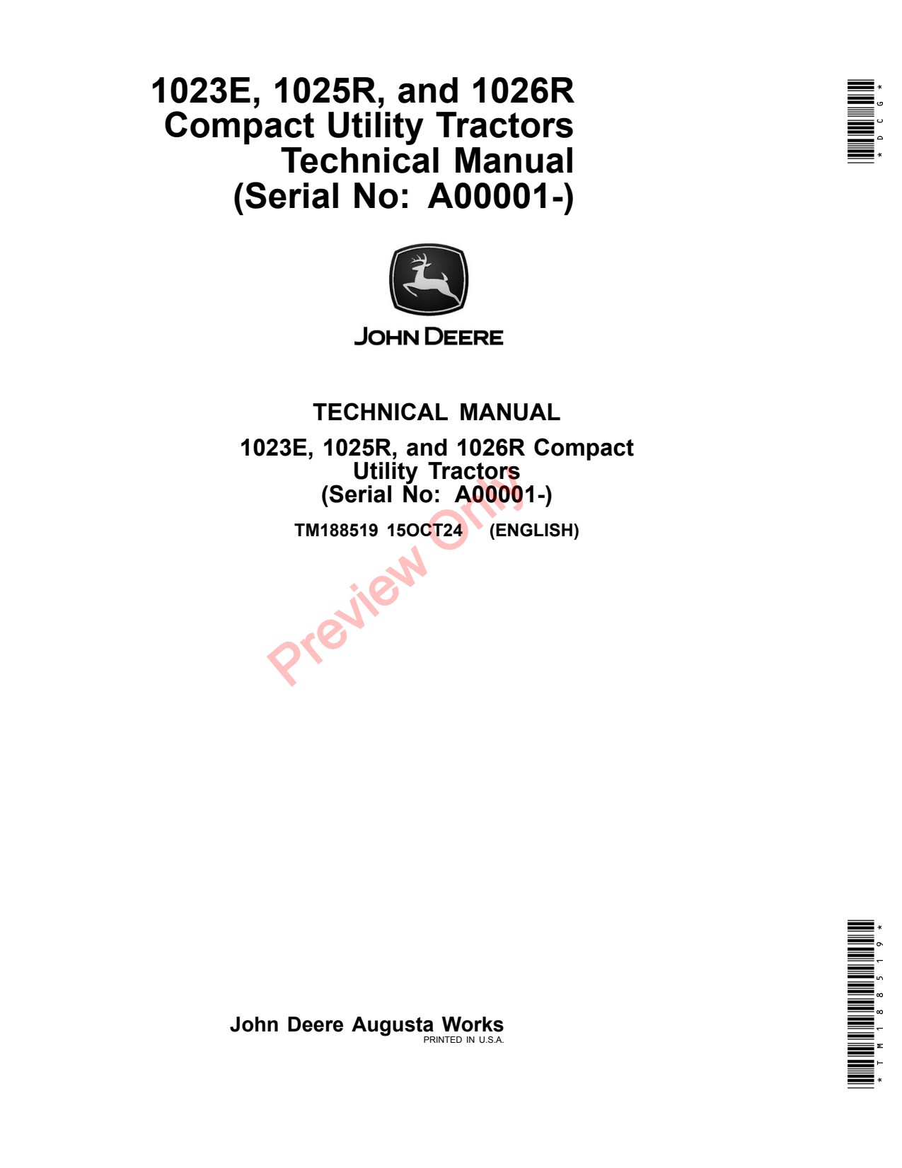 John Deere 1023E 1025R 1026R A00001 Compact Utility Tractor Technical Manual TM188519