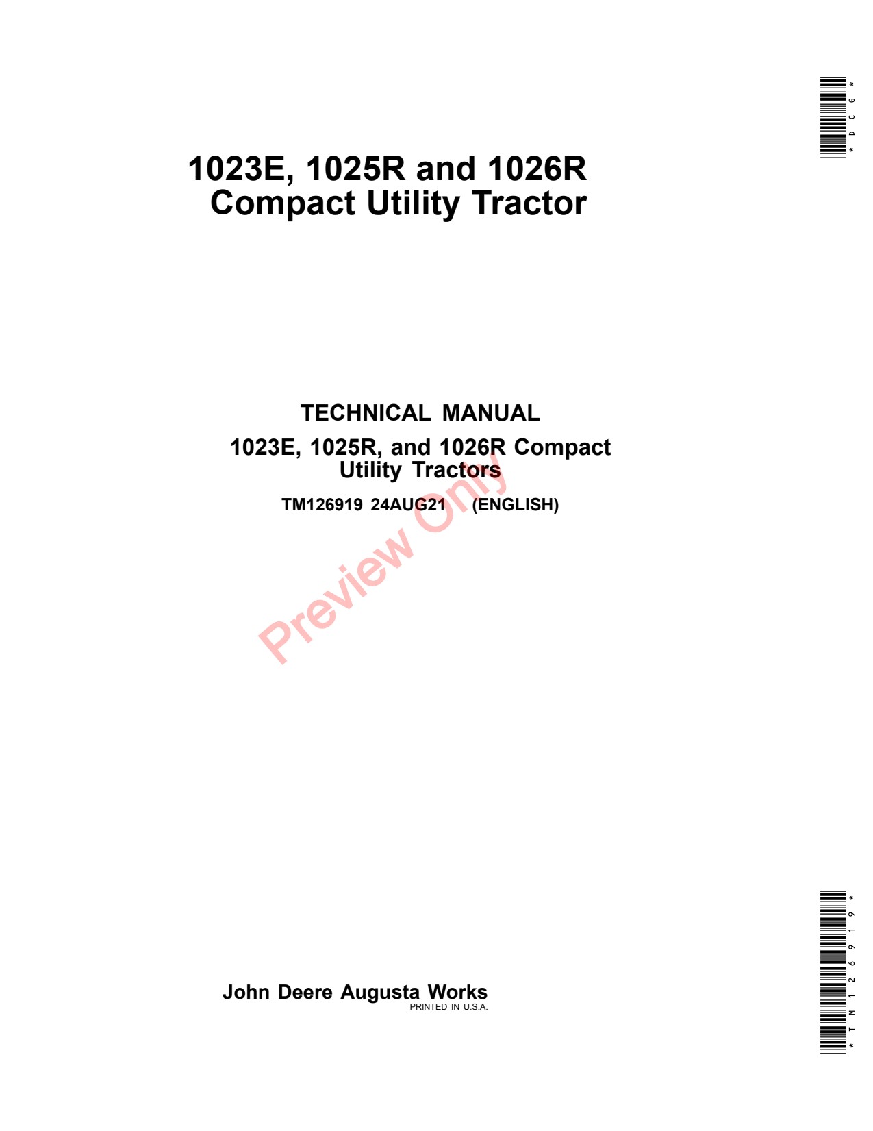 John Deere 1023E 1025R 1026R Compact Utility Tractor Technical Manual TM126919