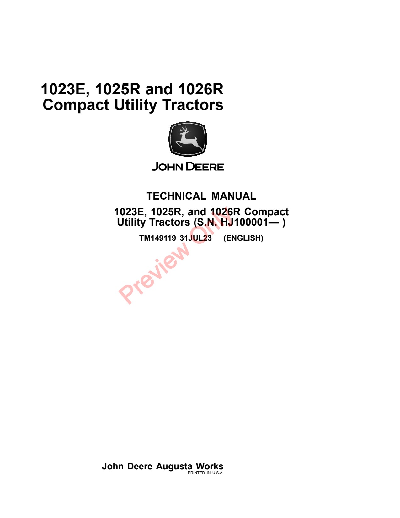 John Deere 1023E 1025R 1026R Compact Utility Tractor Technical Manual TM149119