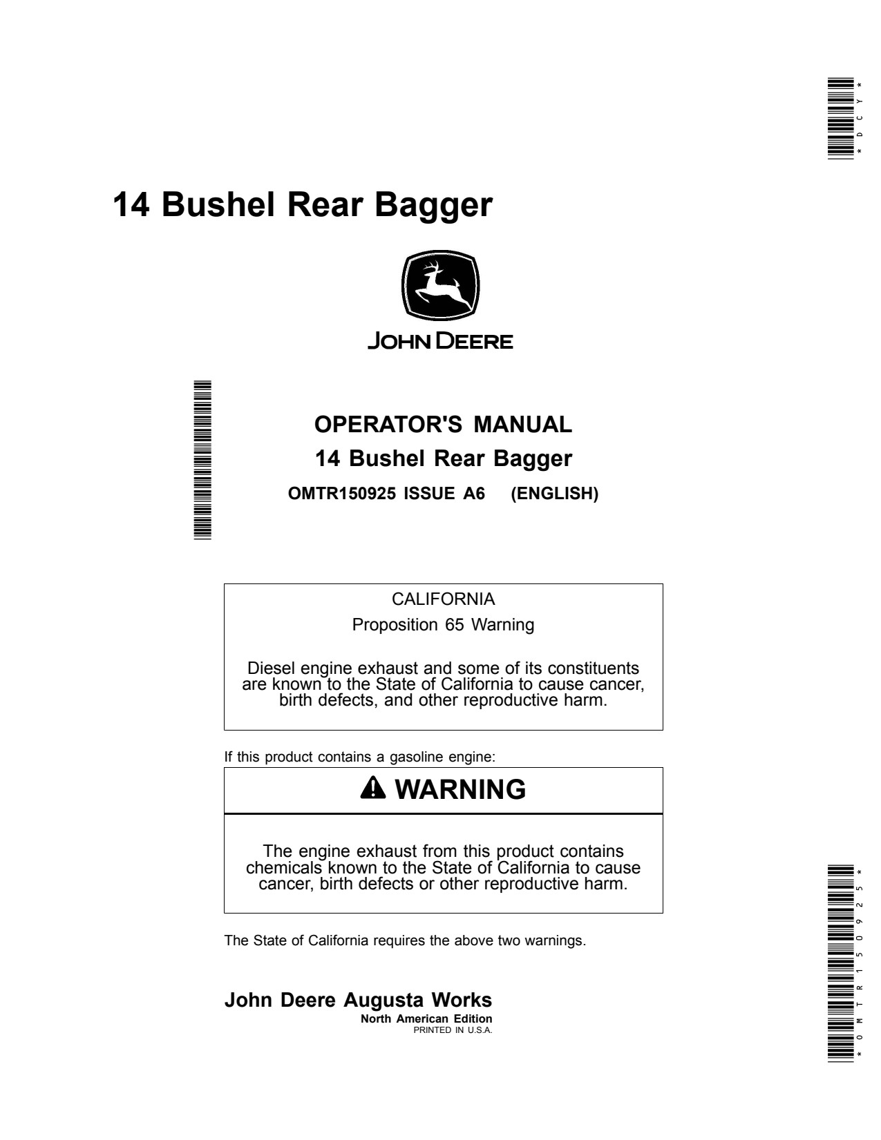 John Deere 1023E 1025R 2025R 2210 2305 4115 2320 to 2720 14 Bushel Rear Bagger Operator Manual OMTR150925 1 John Deere 1023E 1025R 2025R 2210 2305 4115 2320 to 2720 14 Bushel Rear Bagger Operator Manual OMTR150925