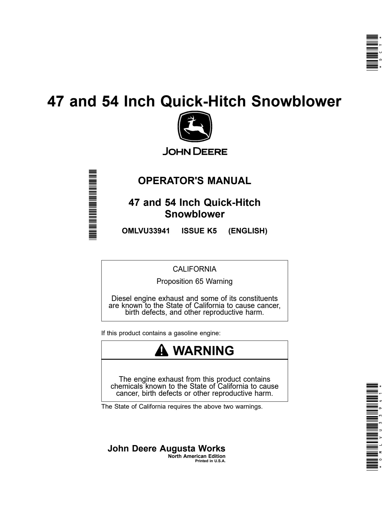John Deere 1023E 1025R 2025R 47 54 Quick-hitch Snow Blower Operator Manual OMLVU33941 1 John Deere 1023E 1025R 2025R 47 54 Quick-hitch Snow Blower Operator Manual OMLVU33941