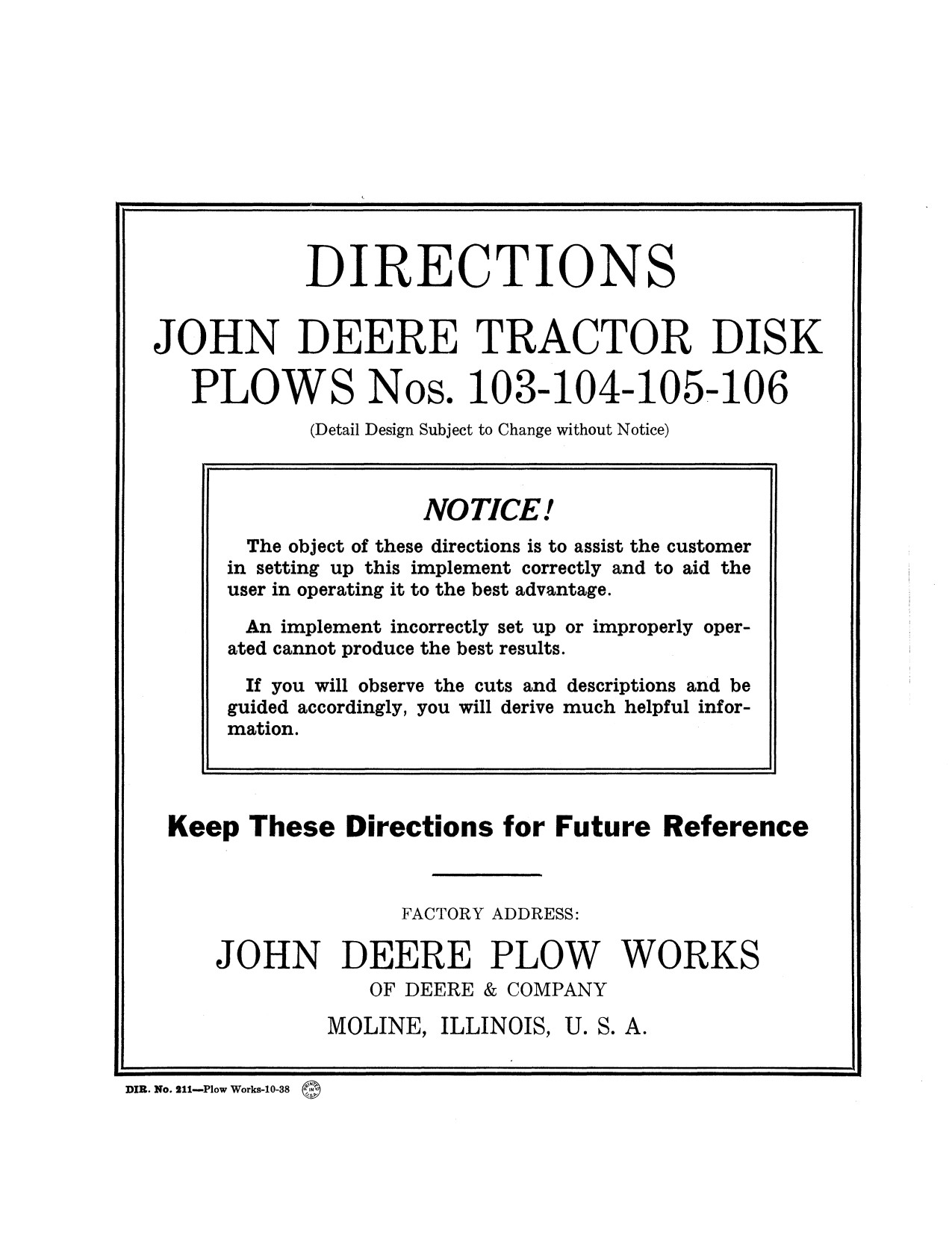 John Deere 103 104 106 Tractor Disk Plow Operator Manual DIR211A 1 John Deere 103 104 106 Tractor Disk Plow Operator Manual DIR211A