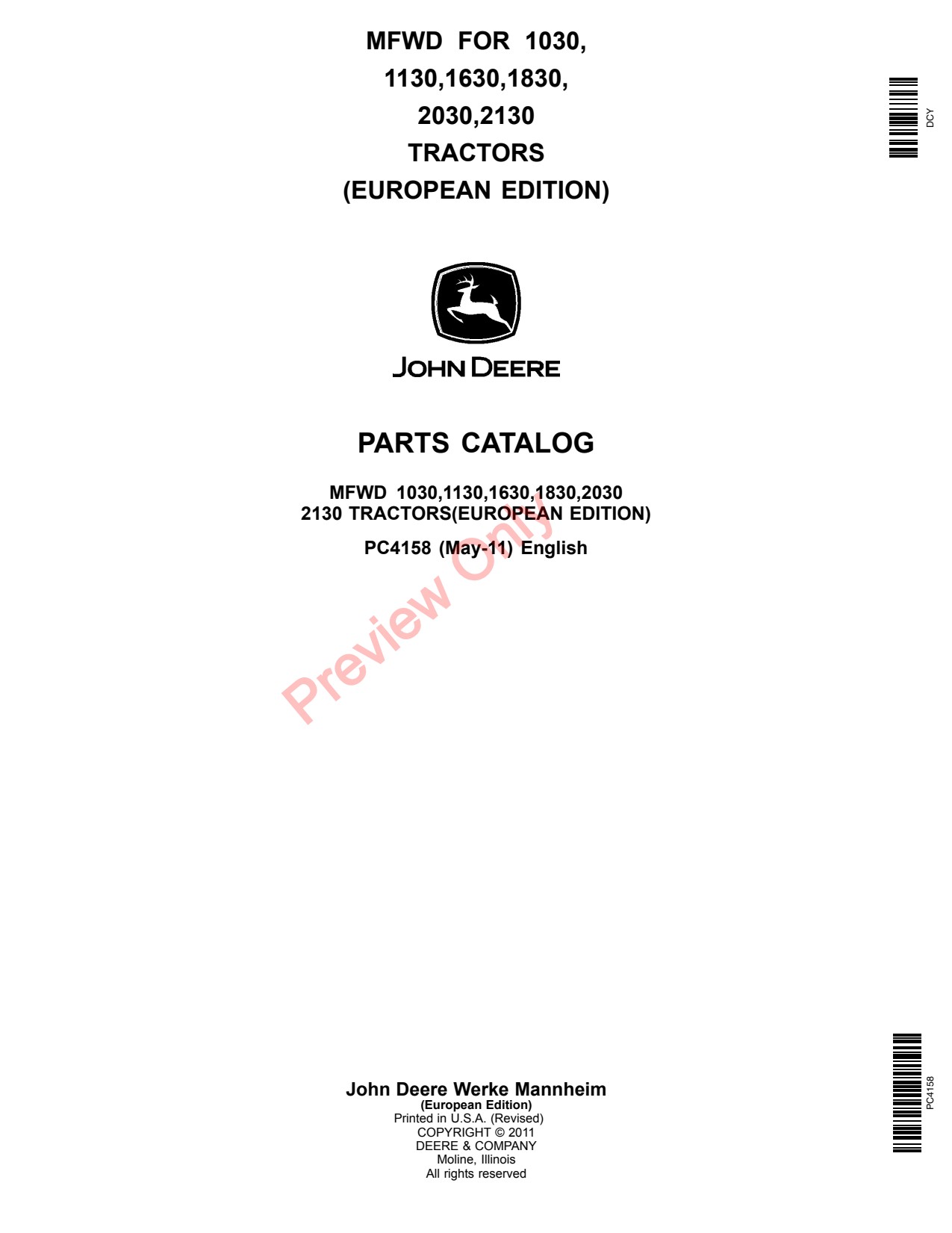 John Deere 1030 1130 1630 to 2030 2130 Tractor Parts Catalog PC4158 1 John Deere 1030 1130 1630 to 2030 2130 Tractor Parts Catalog PC4158