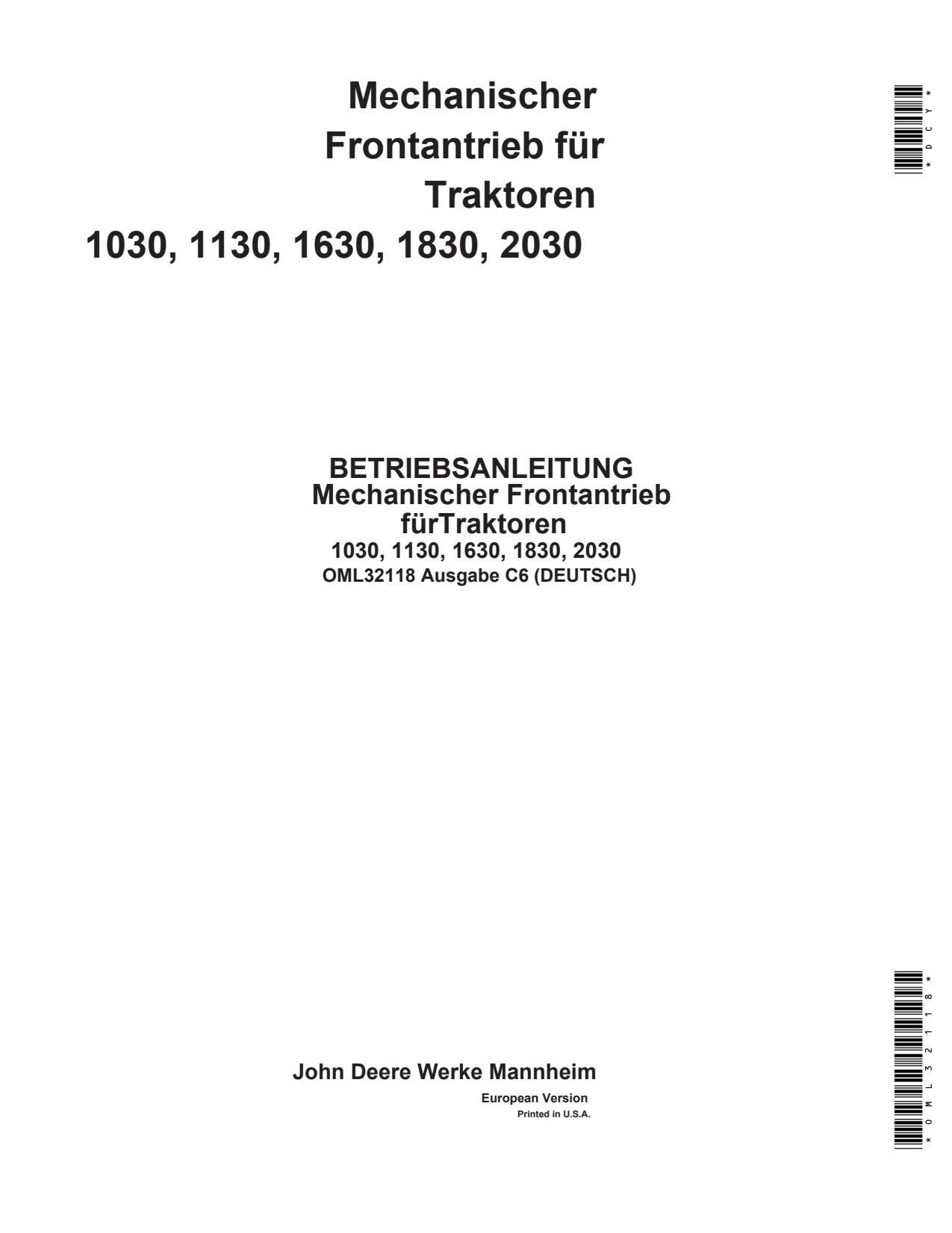 John Deere 1030 1130 1630 to 2030 Tractor Operator Manual OML32118 DE 1 John Deere 1030 1130 1630 to 2030 Tractor Operator Manual OML32118 DE