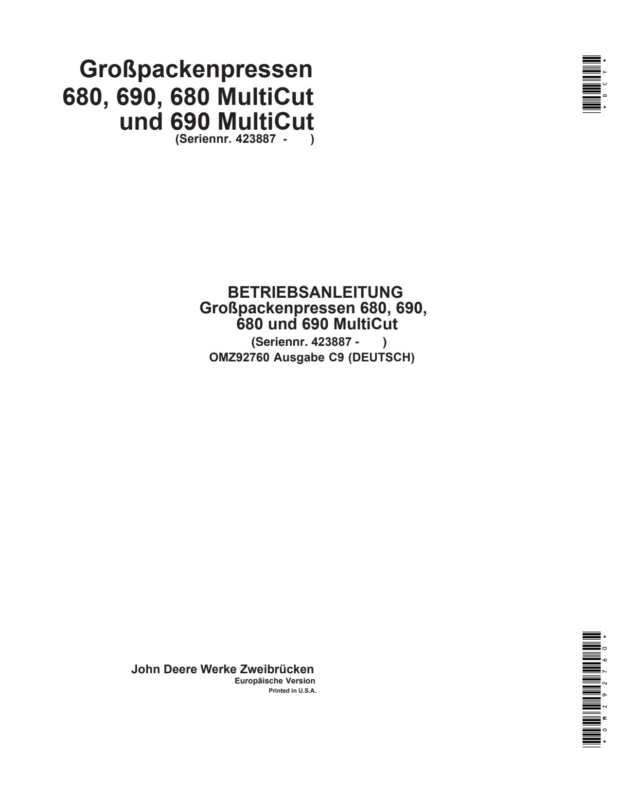 John Deere 1032 to 1052 680 690 Large Square Baler Operator Manual OMZ92760 DE 1 John Deere 1032 to 1052 680 690 Large Square Baler Operator Manual OMZ92760 DE