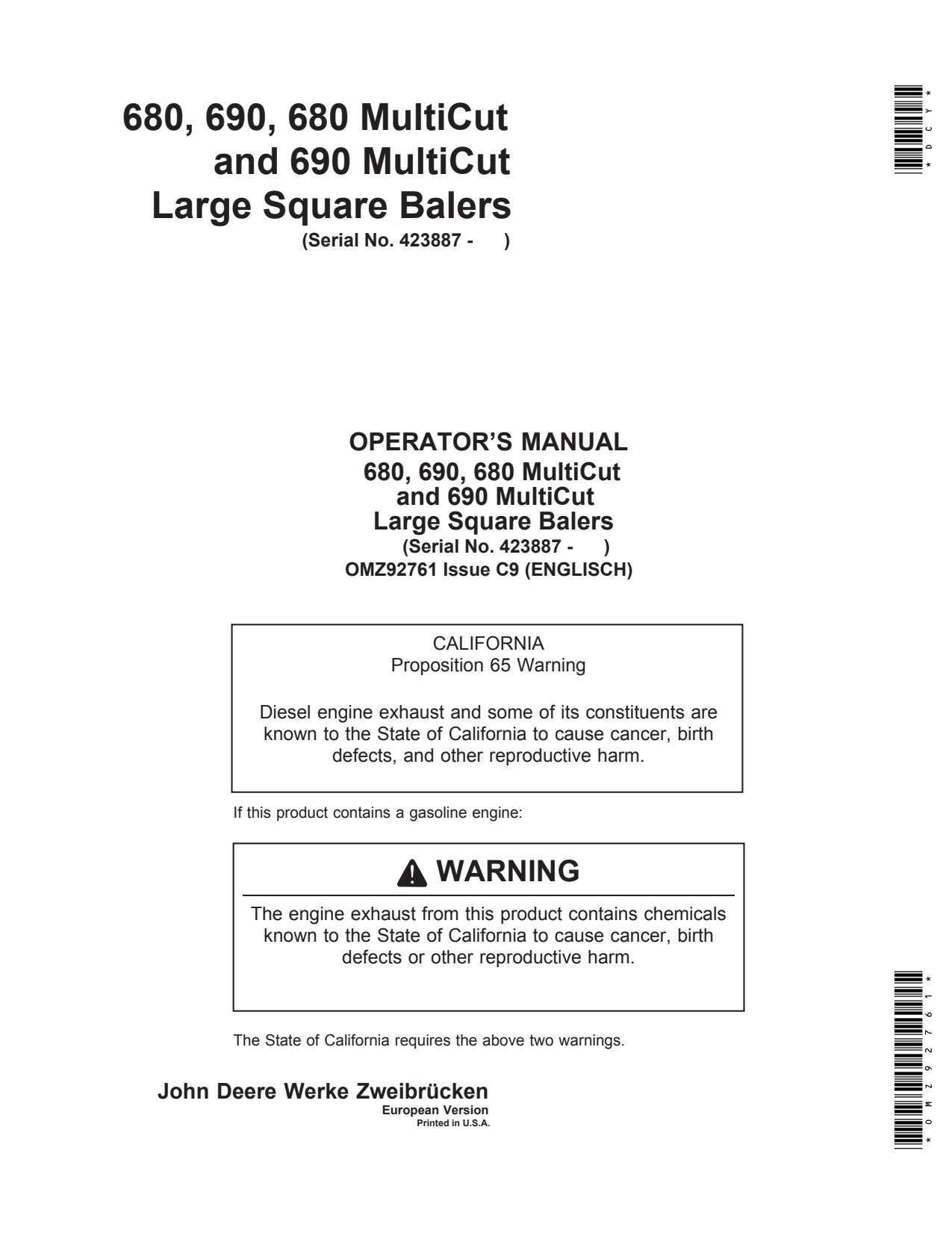 John Deere 1032 to 1052 680 690 Large Square Baler Operator Manual OMZ92761 1 John Deere 1032 to 1052 680 690 Large Square Baler Operator Manual OMZ92761
