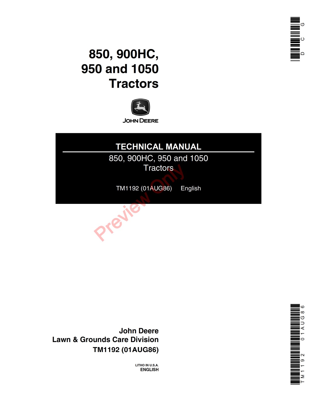 John Deere 1050 850 900HC 950 Utility Tractor Technical Manual TM1192 1 John Deere 1050 850 900HC 950 Utility Tractor Technical Manual TM1192