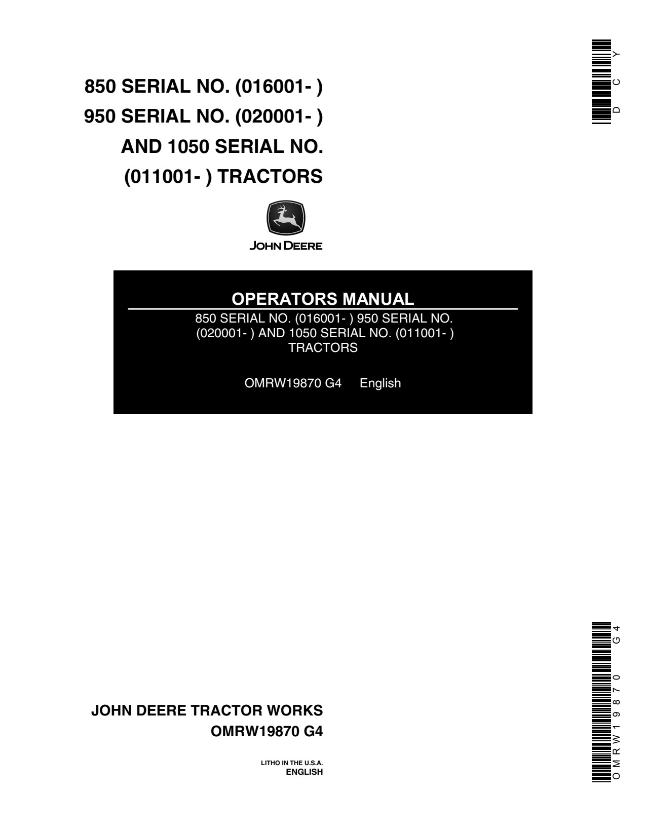 John Deere 1050 850 950 Tractor Operator Manual OMRW19870 1 John Deere 1050 850 950 Tractor Operator Manual OMRW19870