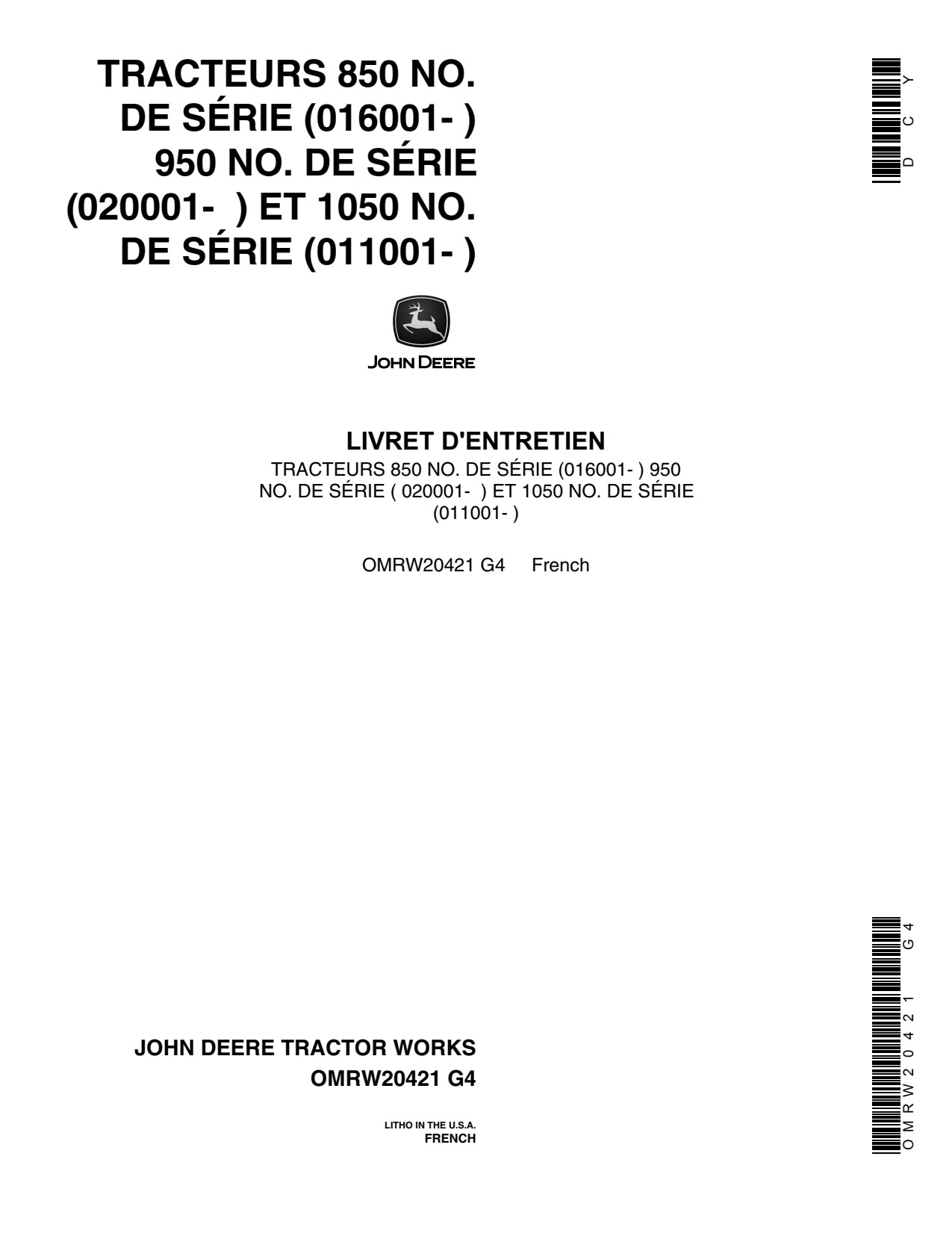 John Deere 1050 850 950 Tractor Operator Manual OMRW20421 FR 1 John Deere 1050 850 950 Tractor Operator Manual OMRW20421 FR