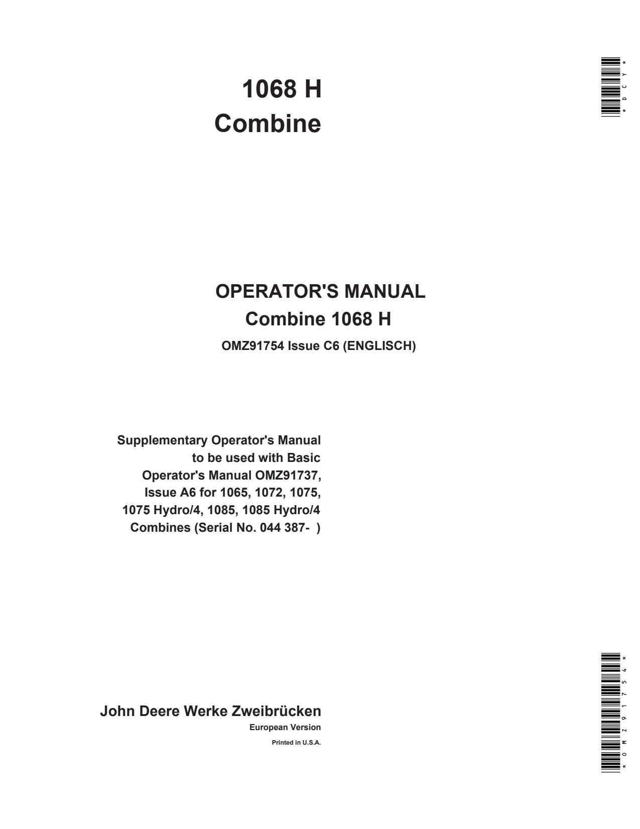 John Deere 1065 1075 Hydro-4 1085 Hydro-4 1068 Mulch Drill Operator Manual OMZ91754 1 John Deere 1065 1075 Hydro-4 1085 Hydro-4 1068 Mulch Drill Operator Manual OMZ91754