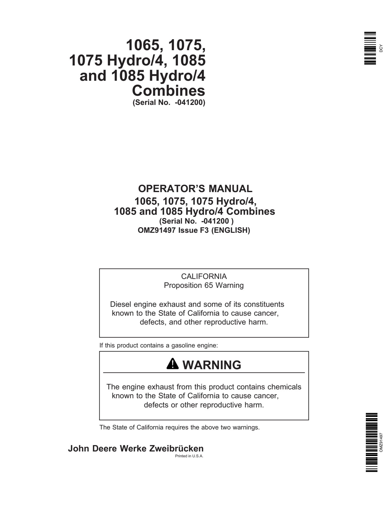 John Deere 1065 1075 Hydro-4 1085 Hydro-4 Mulch Drill Operator Manual OMZ91497 1 John Deere 1065 1075 Hydro-4 1085 Hydro-4 Mulch Drill Operator Manual OMZ91497