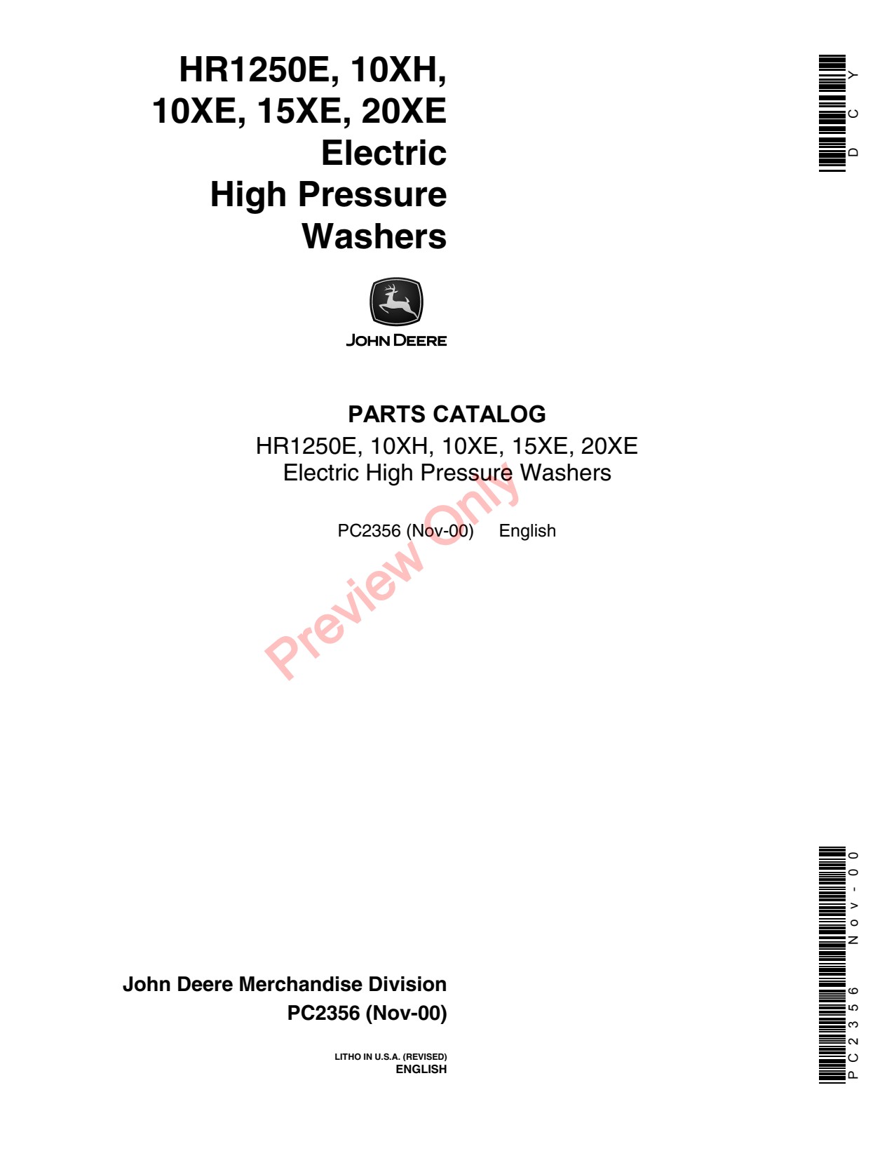 John Deere 10XE 10XH 15XE 20XE HR1250E Electric High Pressure Washer Parts Catalog PC2356 1 John Deere 10XE 10XH 15XE 20XE HR1250E Electric High Pressure Washer Parts Catalog PC2356