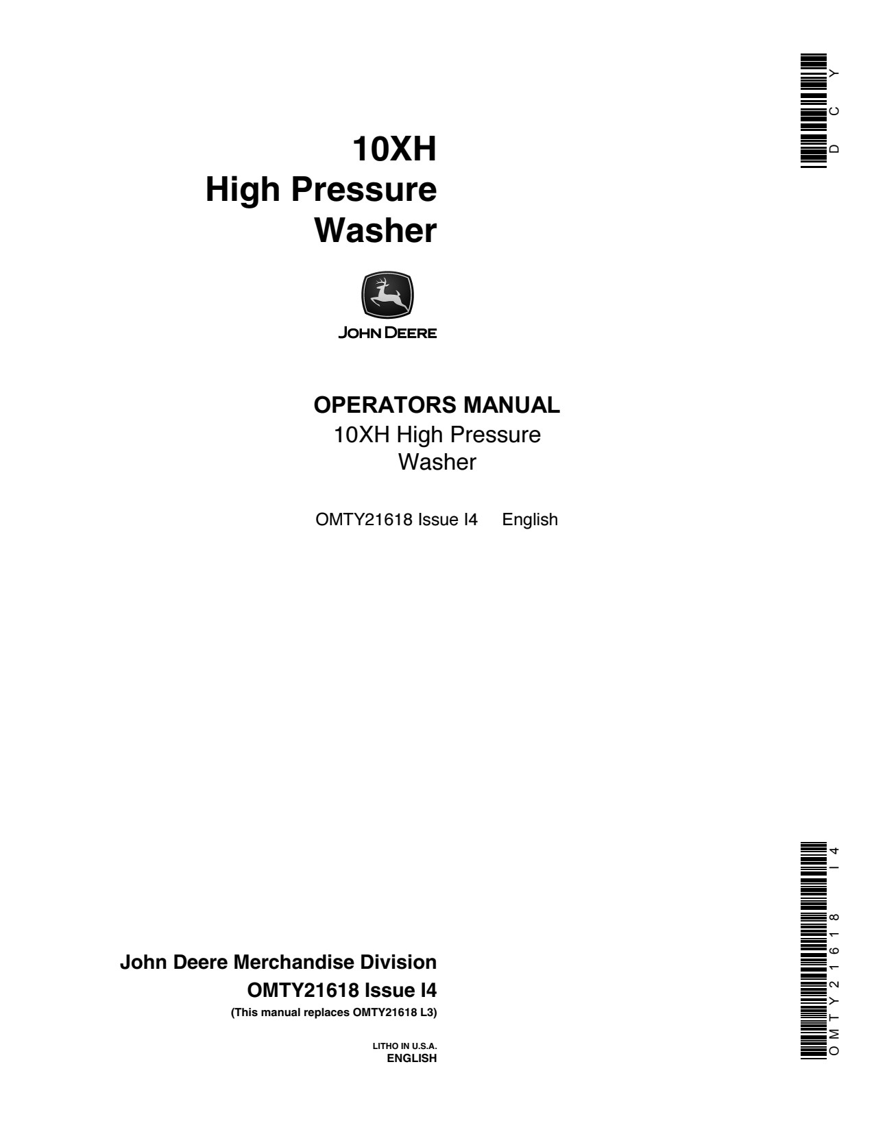 John Deere 10XH High Pressure Washer Operator Manual OMTY21618 1 John Deere 10XH High Pressure Washer Operator Manual OMTY21618