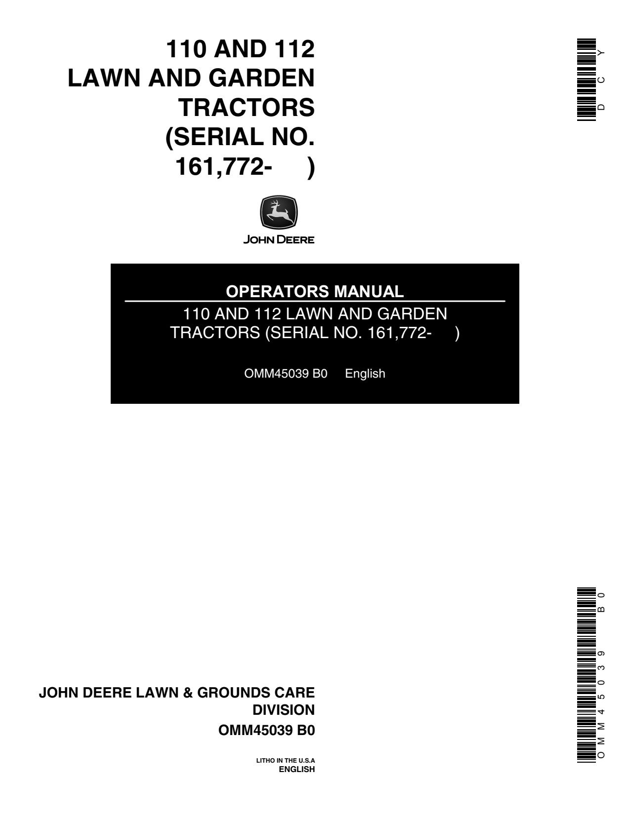 John Deere 110 112 112H 110H Garden Tractor Operator Manual OMM45039 1 John Deere 110 112 112H 110H Garden Tractor Operator Manual OMM45039