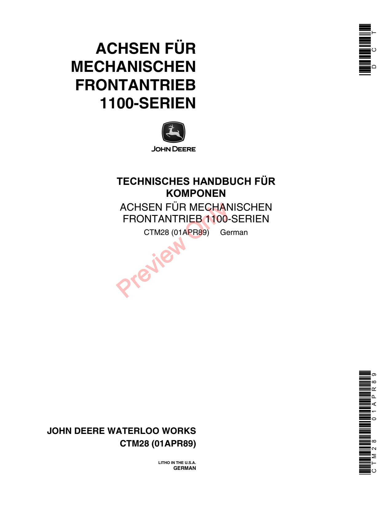 John Deere 1100 4455 4650 4755 4955 4850 4050 4250 4055 4255 4555 Mechanical Front-wheel-drive Axle Component Technical Manual CTM28 DE 1 John Deere 1100 4455 4650 4755 4955 4850 4050 4250 4055 4255 4555 Mechanical Front-wheel-drive Axle Component Technical Manual CTM28 DE