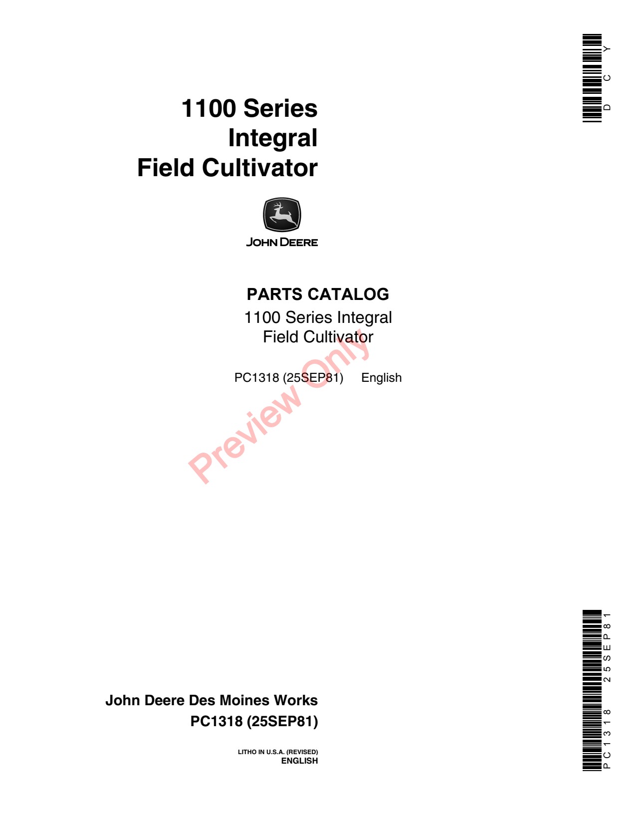 John Deere 1100 Integral Field Cultivator Parts Catalog PC1318 1 John Deere 1100 Integral Field Cultivator Parts Catalog PC1318