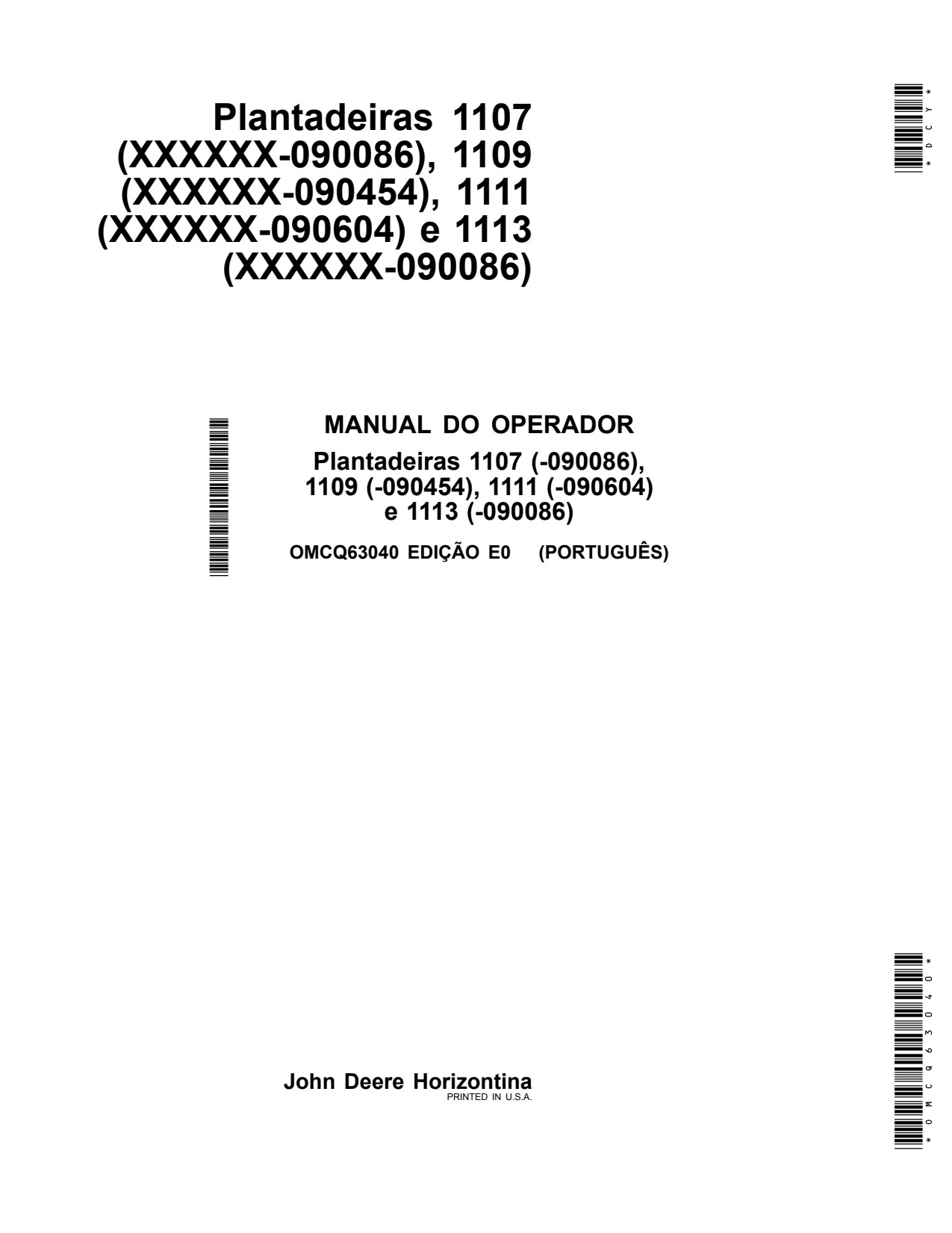 John Deere 1107 to 1113 Planter Operator Manual OMCQ63040 PT 1 John Deere 1107 to 1113 Planter Operator Manual OMCQ63040 PT